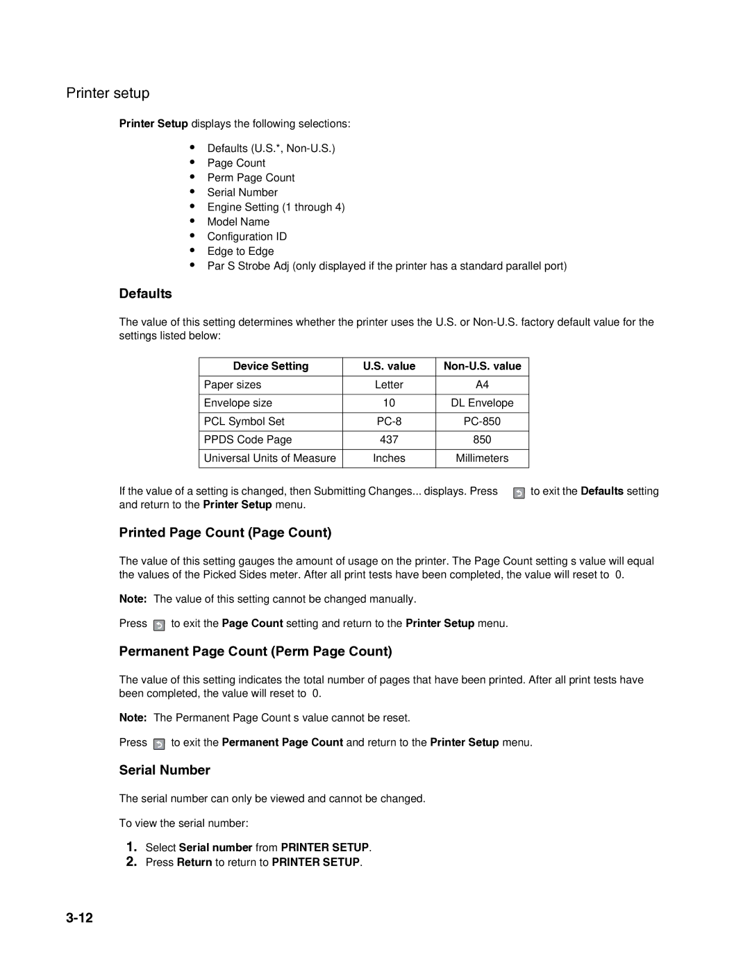 Dell 2330dn Printer setup, Defaults, Printed Page Count Page Count, Permanent Page Count Perm Page Count, Serial Number 