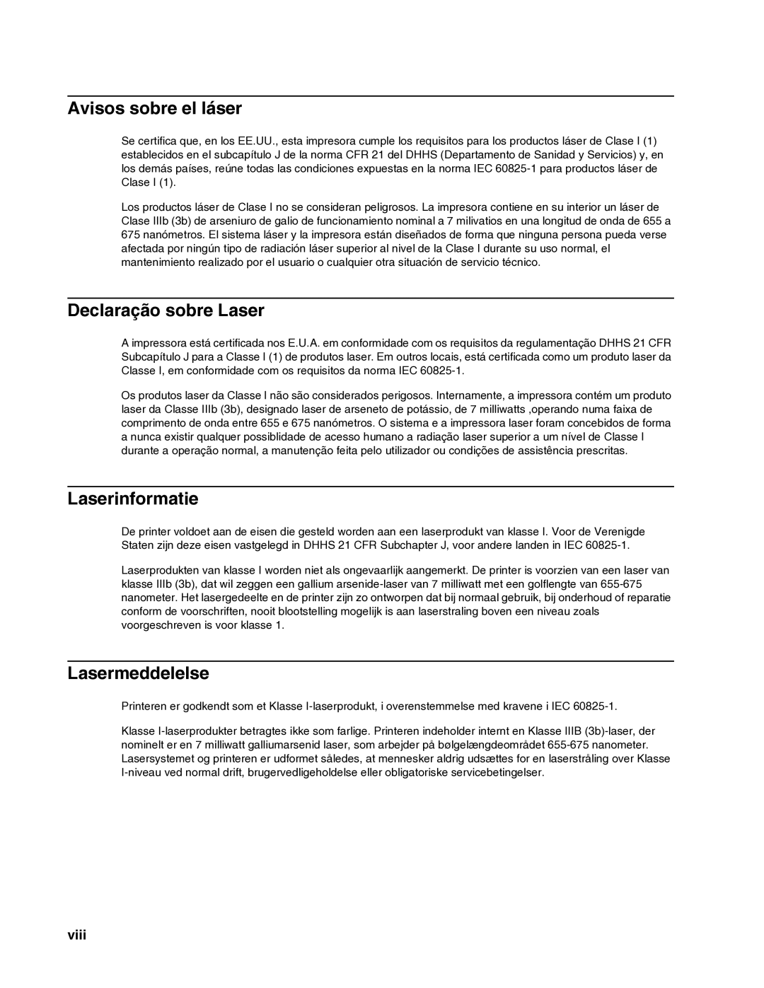 Dell 2330dn service manual Avisos sobre el láser, Declaração sobre Laser, Laserinformatie, Lasermeddelelse, Viii 