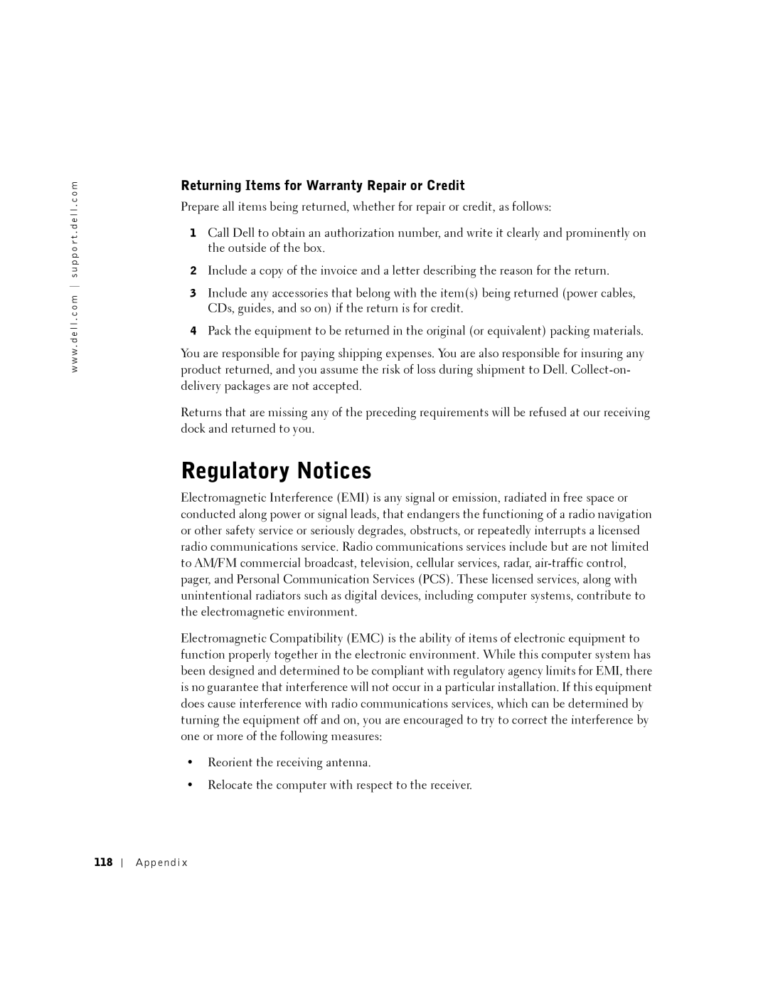 Dell 2350 manual Regulatory Notices, Returning Items for Warranty Repair or Credit 