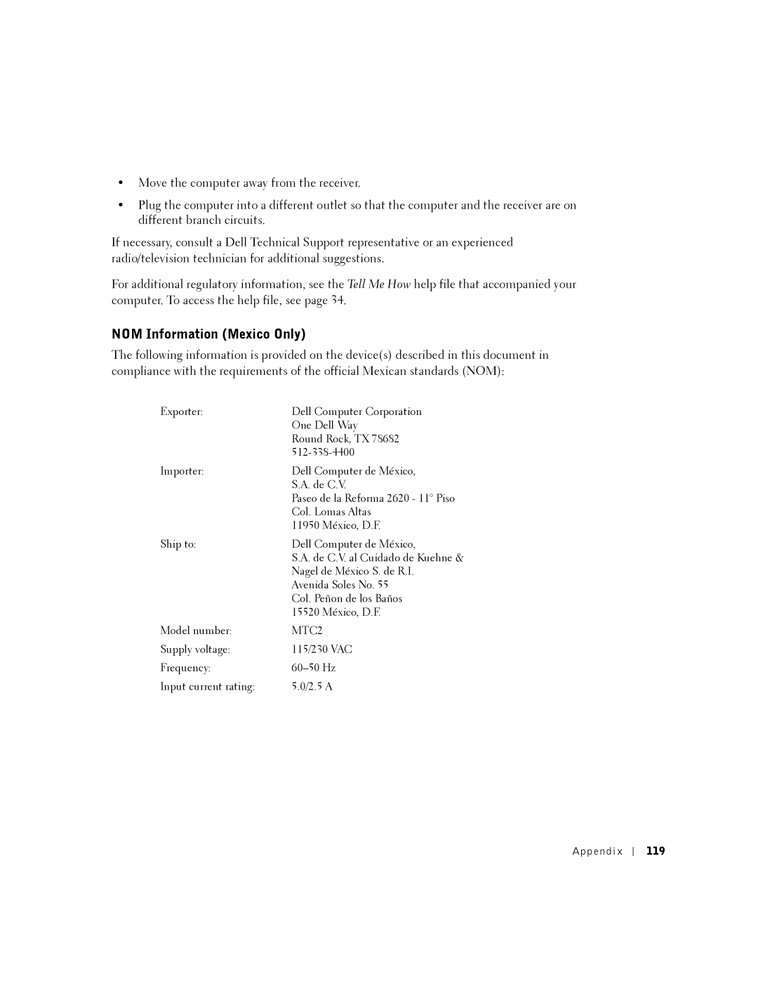 Dell 2350 manual NOM Information Mexico Only, 119 