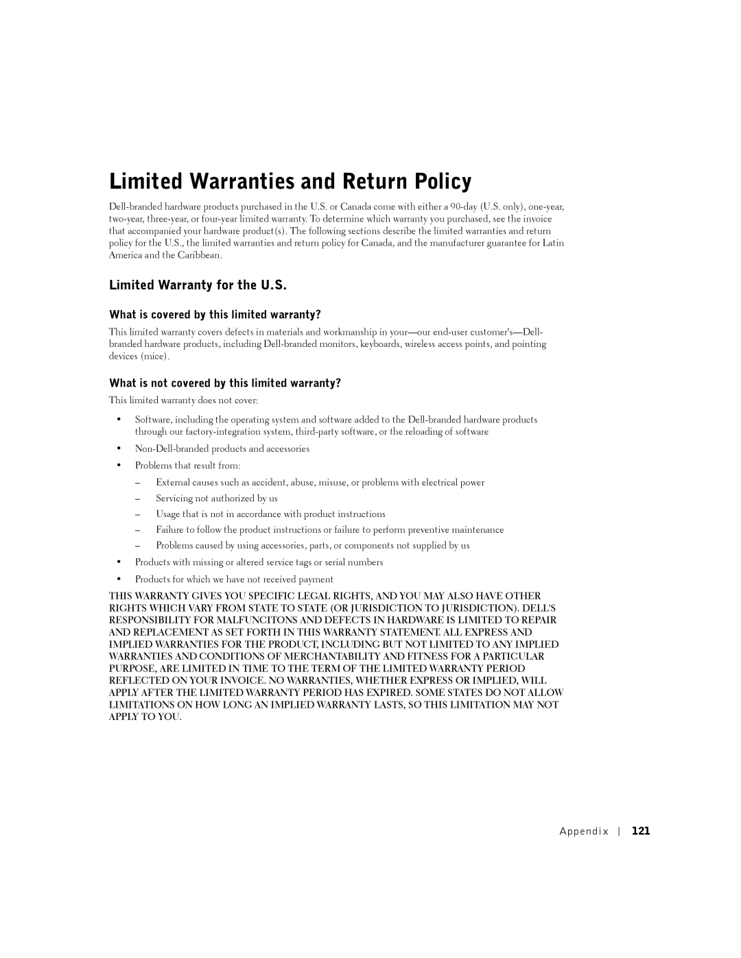 Dell 2350 Limited Warranties and Return Policy, Limited Warranty for the U.S, What is covered by this limited warranty? 