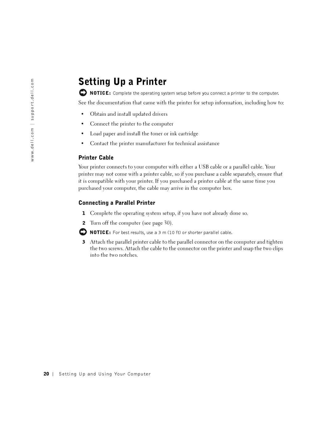 Dell 2350 manual Setting Up a Printer, Printer Cable, Connecting a Parallel Printer 