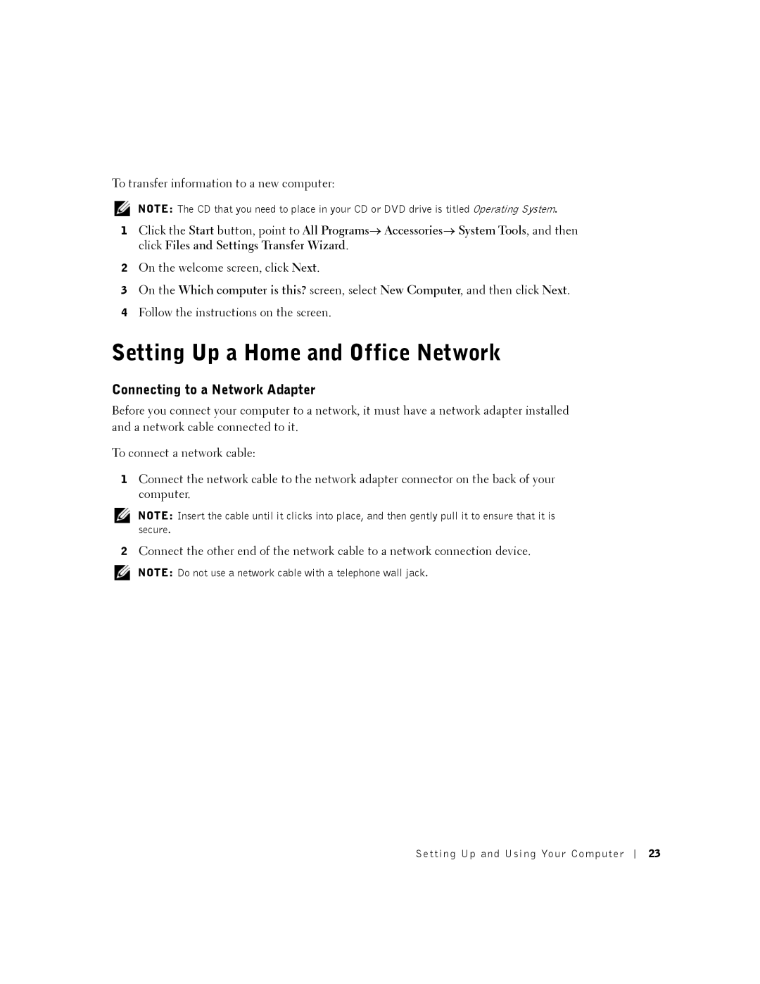 Dell 2350 manual Setting Up a Home and Office Network, Connecting to a Network Adapter 