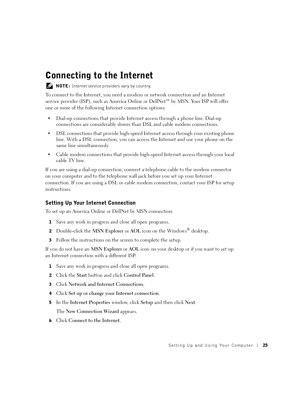 Dell 2350 manual Connecting to the Internet, Setting Up Your Internet Connection 