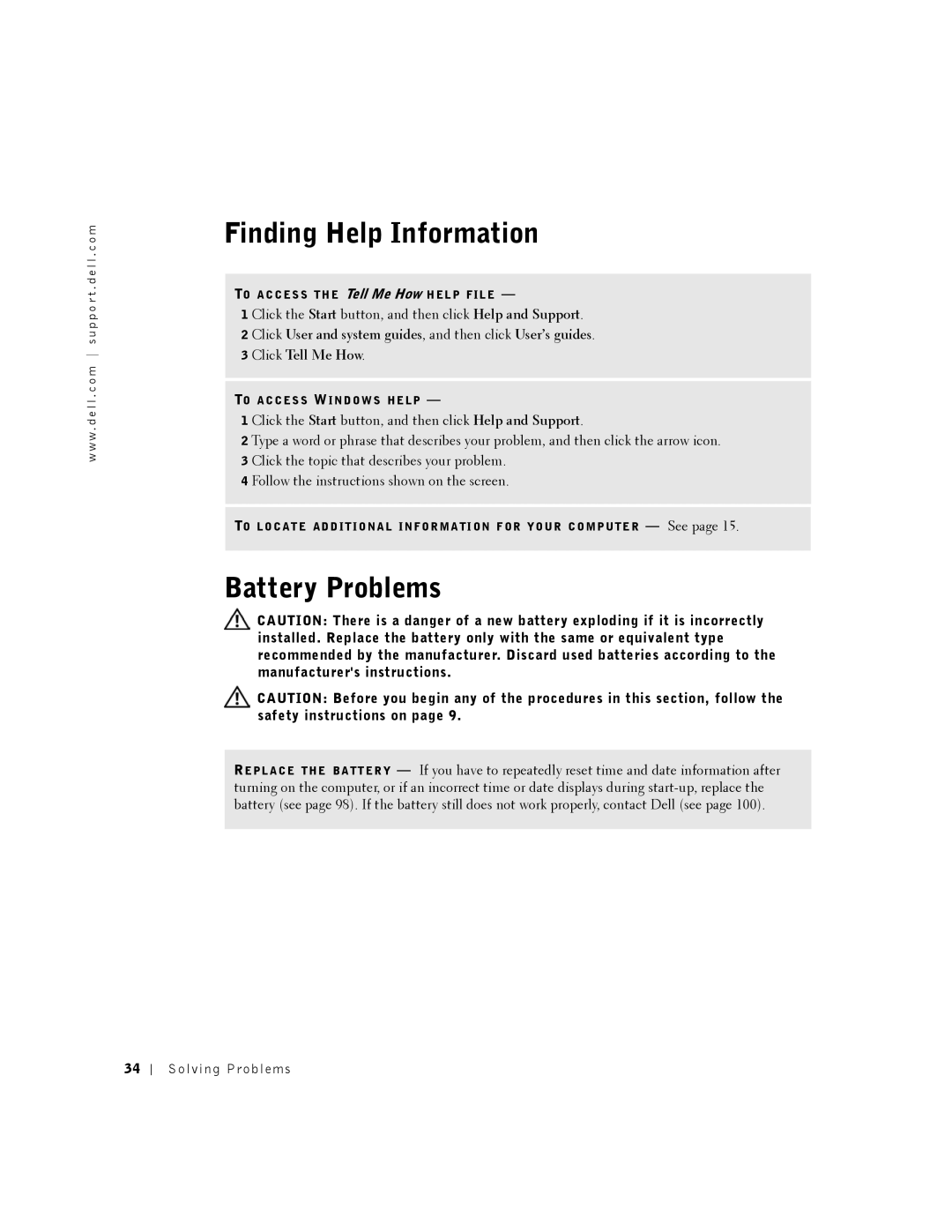 Dell 2350 manual Finding Help Information, Battery Problems 