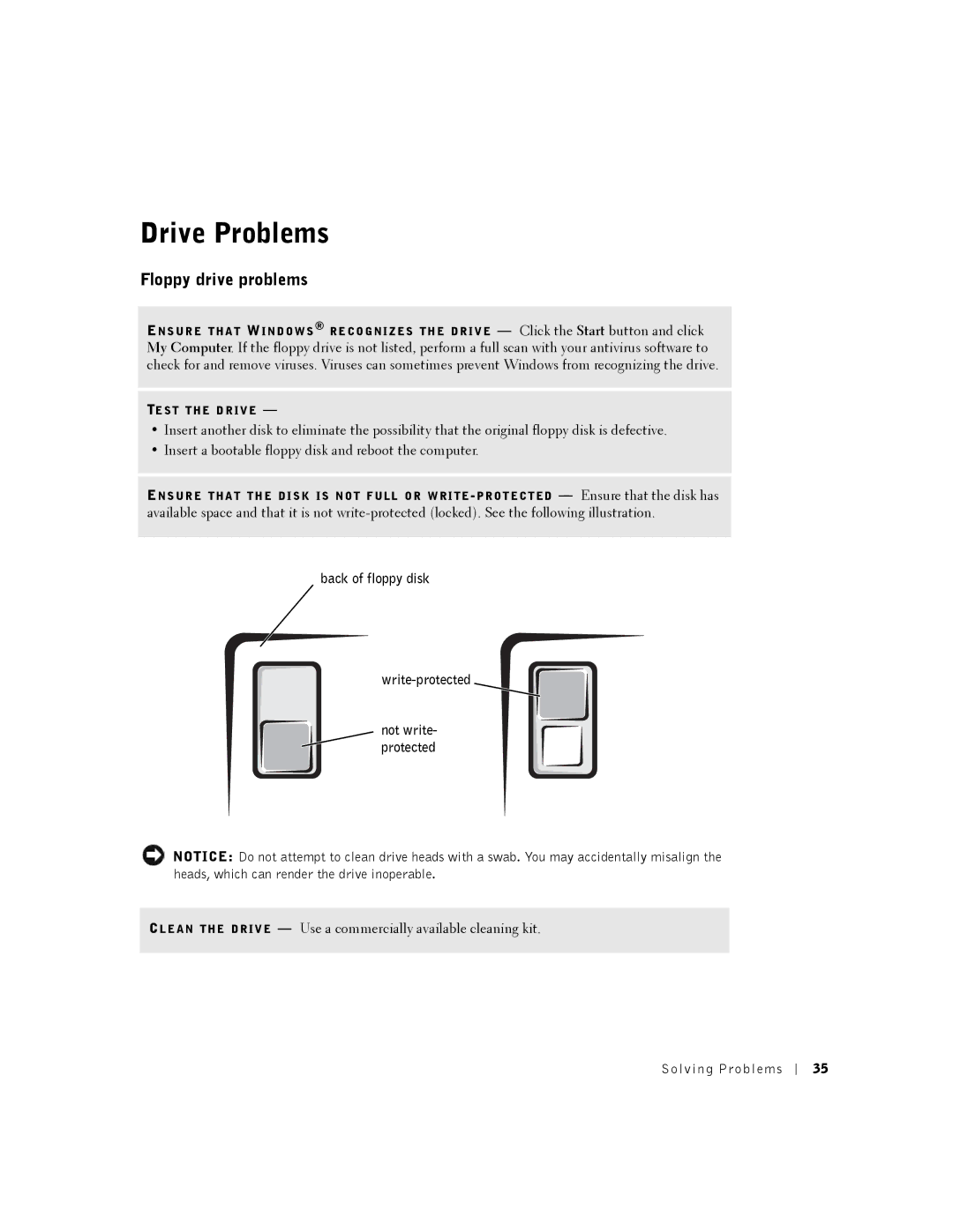 Dell 2350 manual Drive Problems, Floppy drive problems, Back of floppy disk Write-protected 