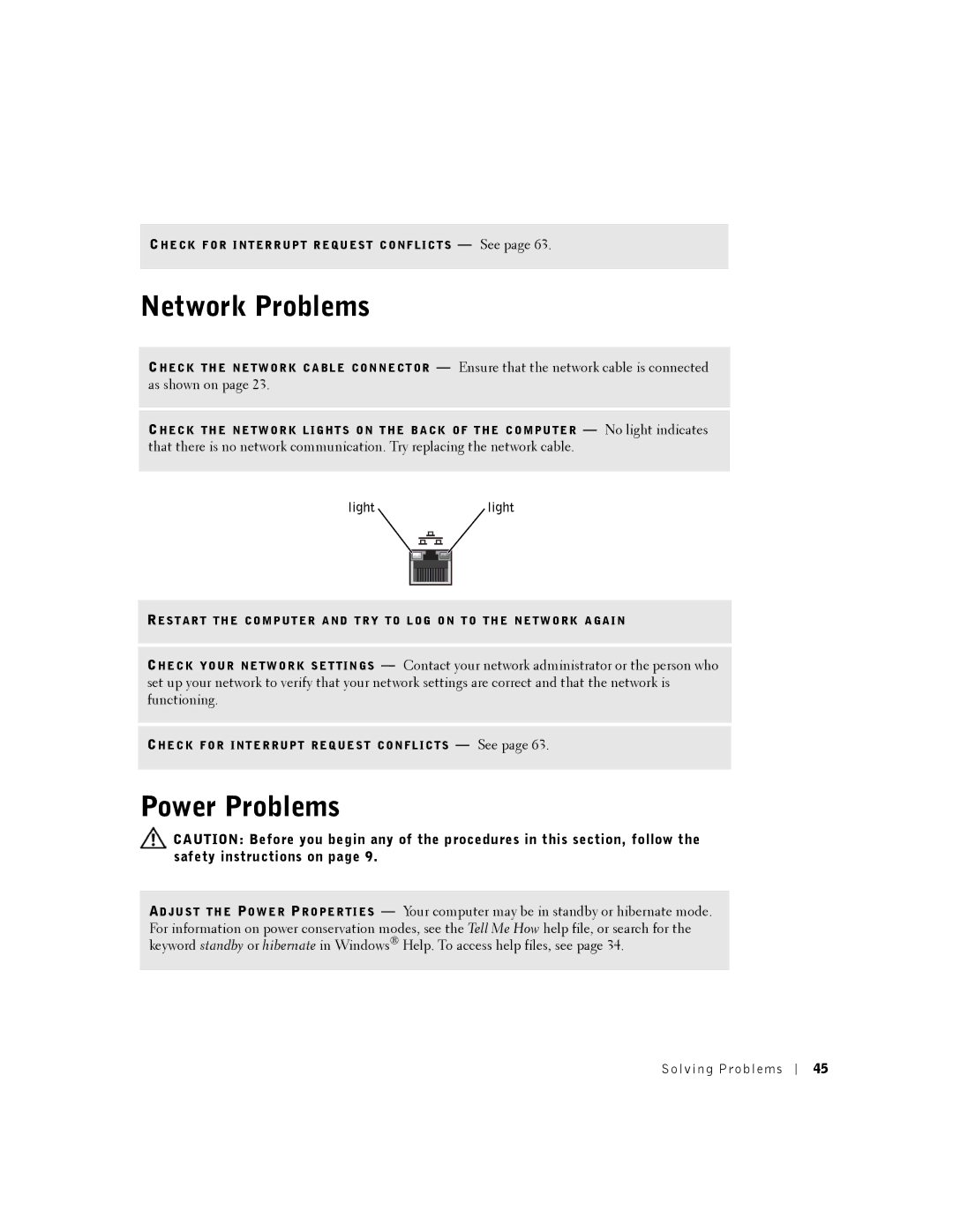 Dell 2350 manual Network Problems, Power Problems, Lightlight 