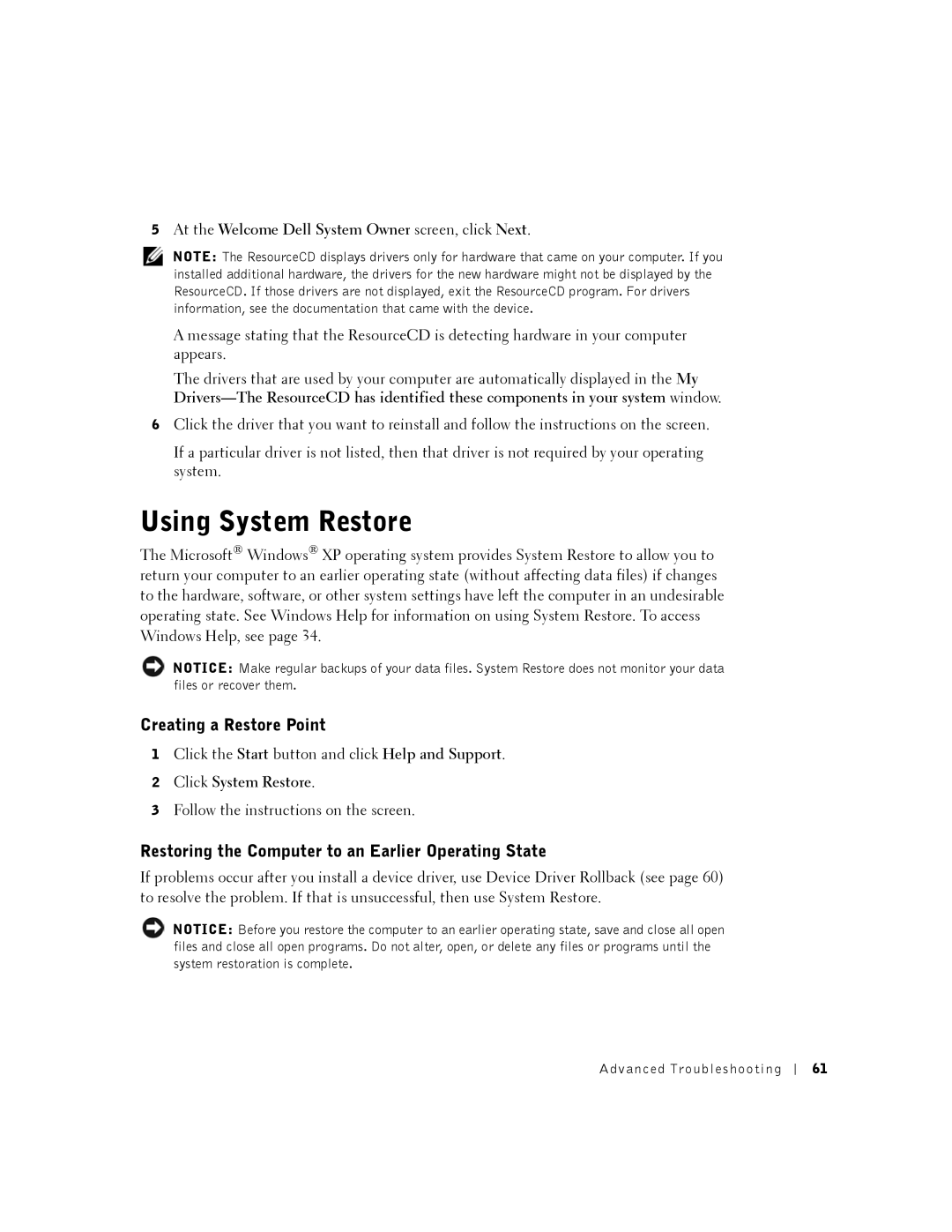 Dell 2350 manual Using System Restore, Creating a Restore Point, Restoring the Computer to an Earlier Operating State 