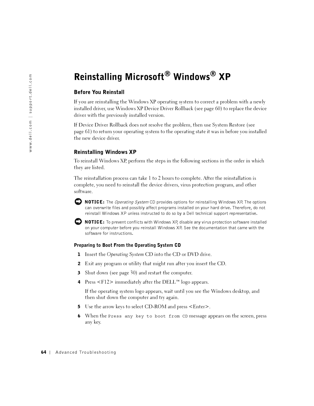 Dell 2350 manual Reinstalling Microsoft Windows XP, Before You Reinstall, Reinstalling Windows XP 