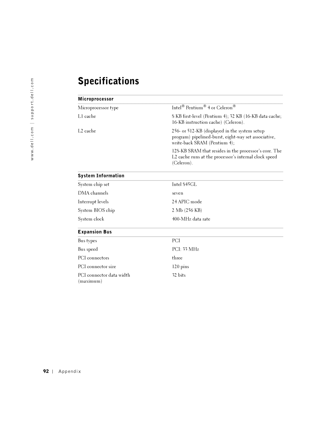 Dell 2350 manual Specifications, Microprocessor, System Information, Expansion Bus 