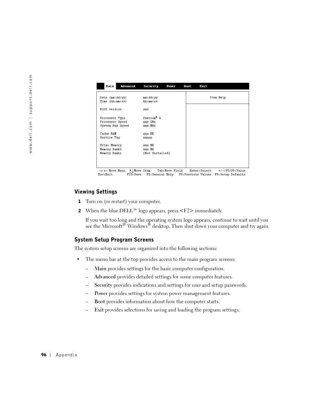 Dell 2350 manual Viewing Settings, System Setup Program Screens 