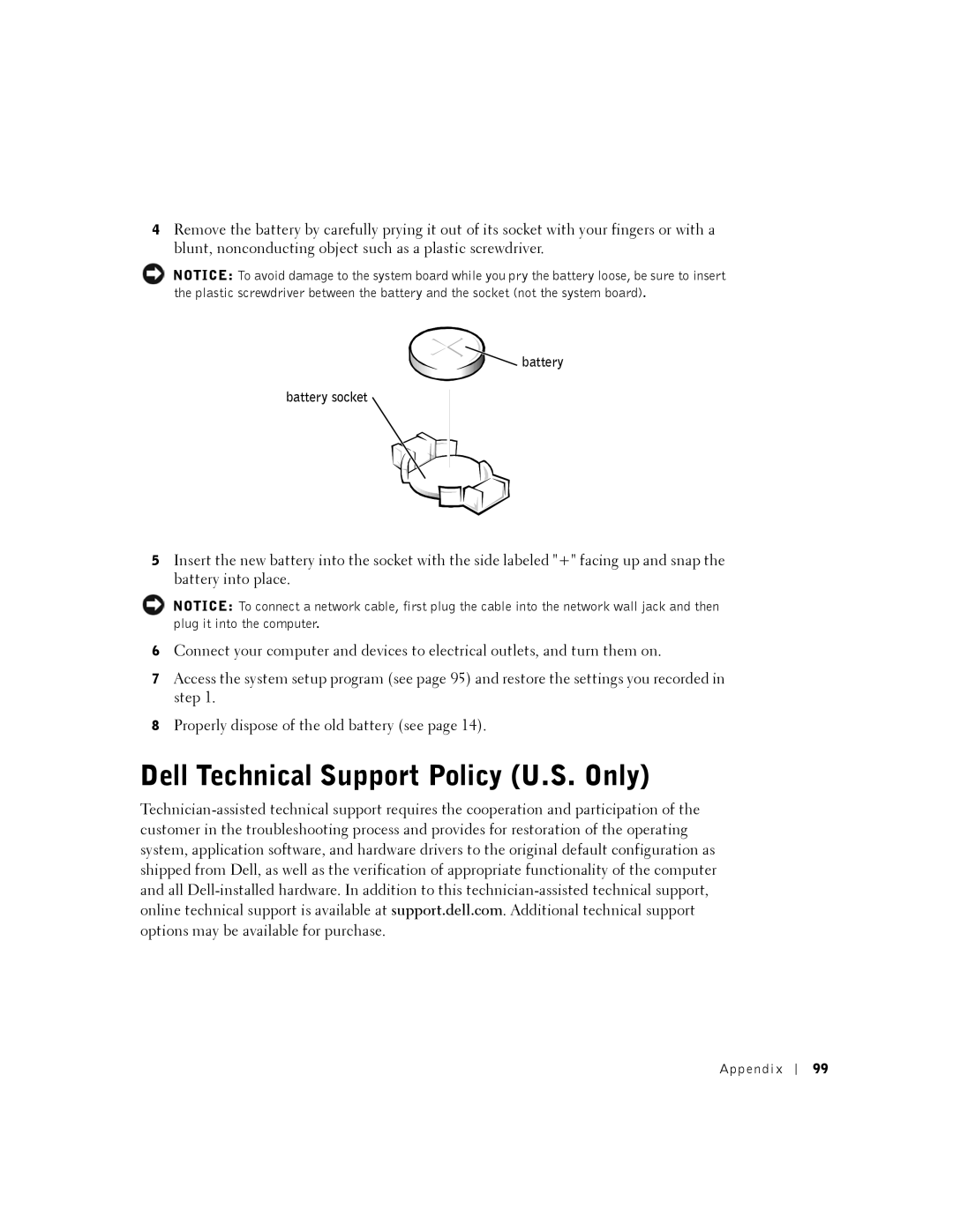 Dell 2350 manual Dell Technical Support Policy U.S. Only, Battery Battery socket 