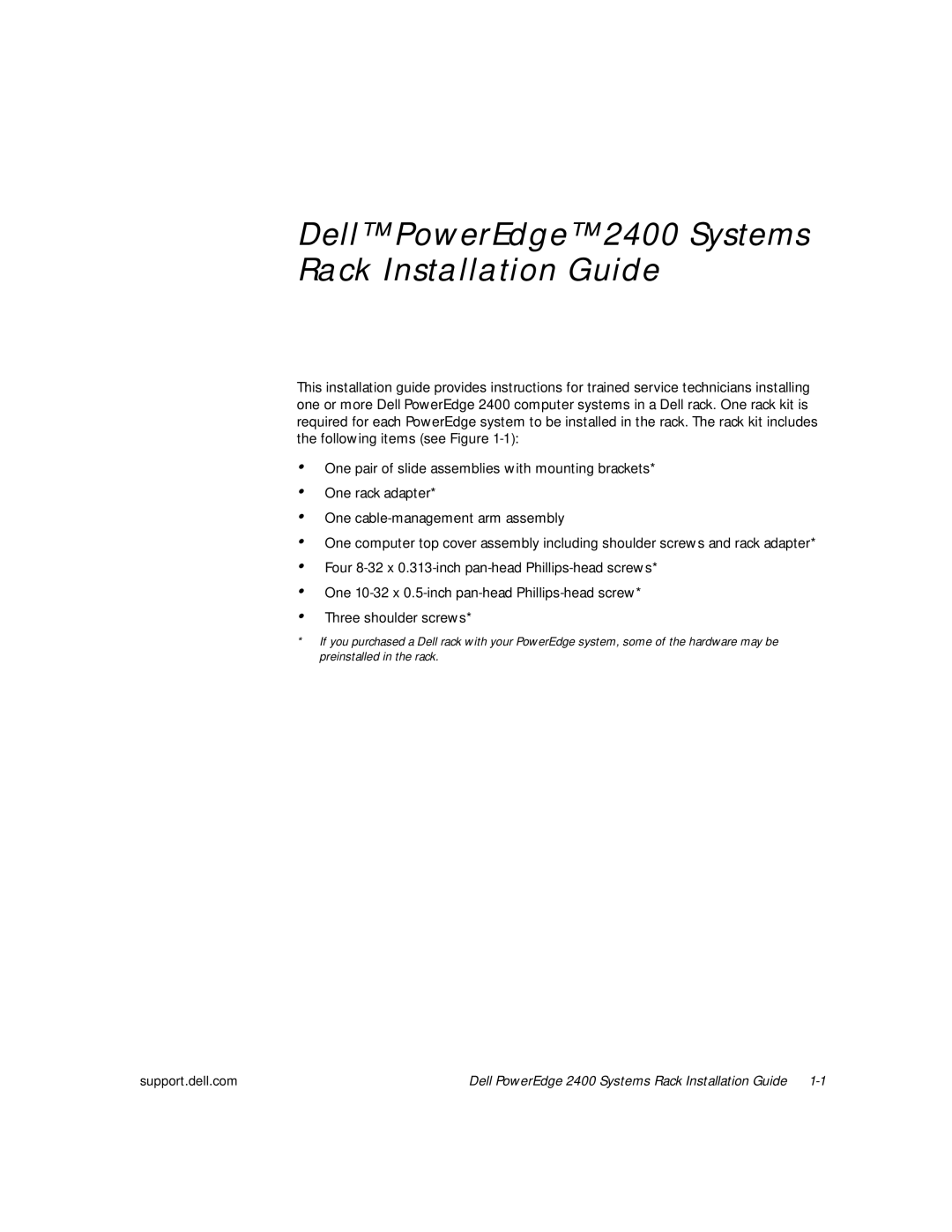 Dell manual Dell PowerEdge 2400 Systems Rack Installation Guide 