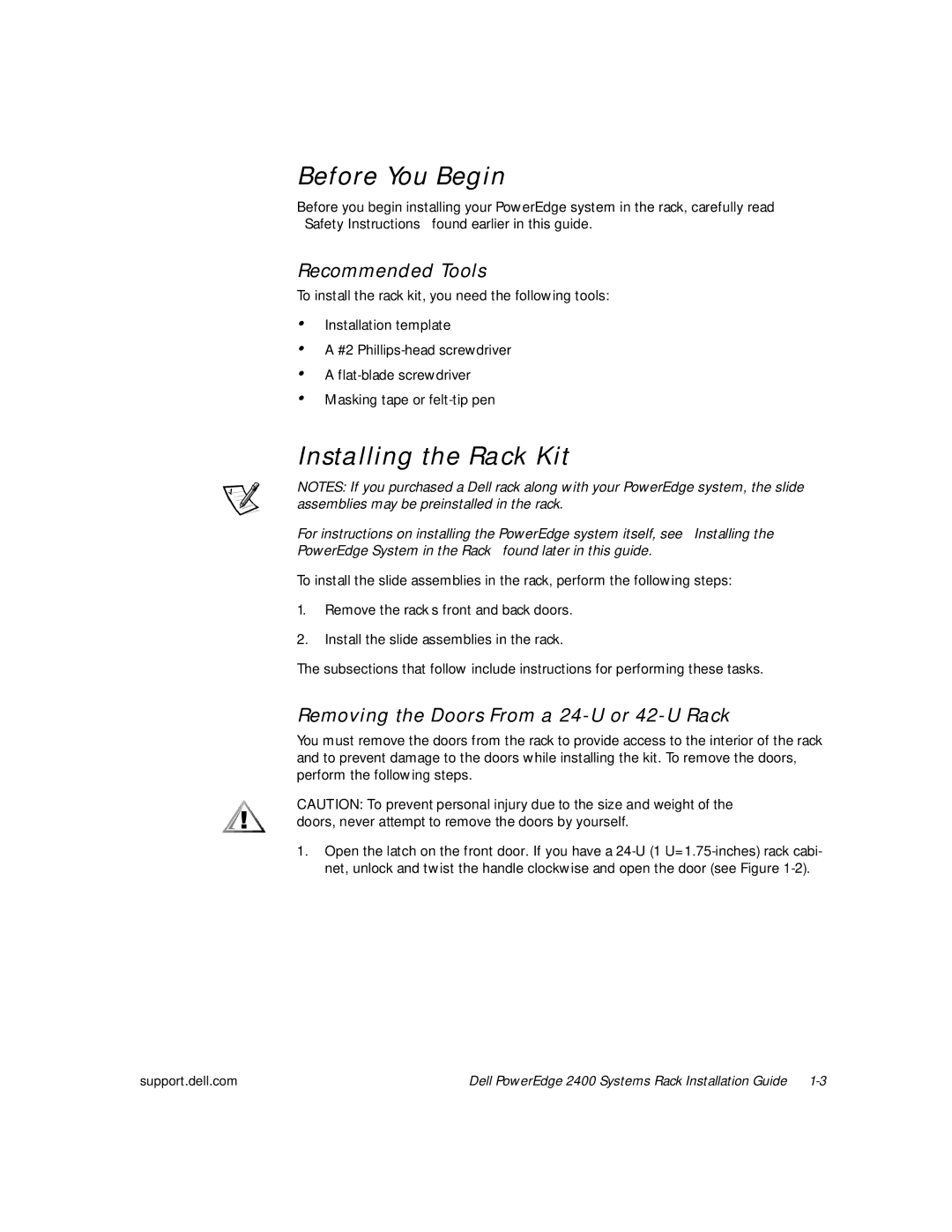 Dell 2400 manual Before You Begin, Installing the Rack Kit, Recommended Tools, Removing the Doors From a 24-U or 42-U Rack 