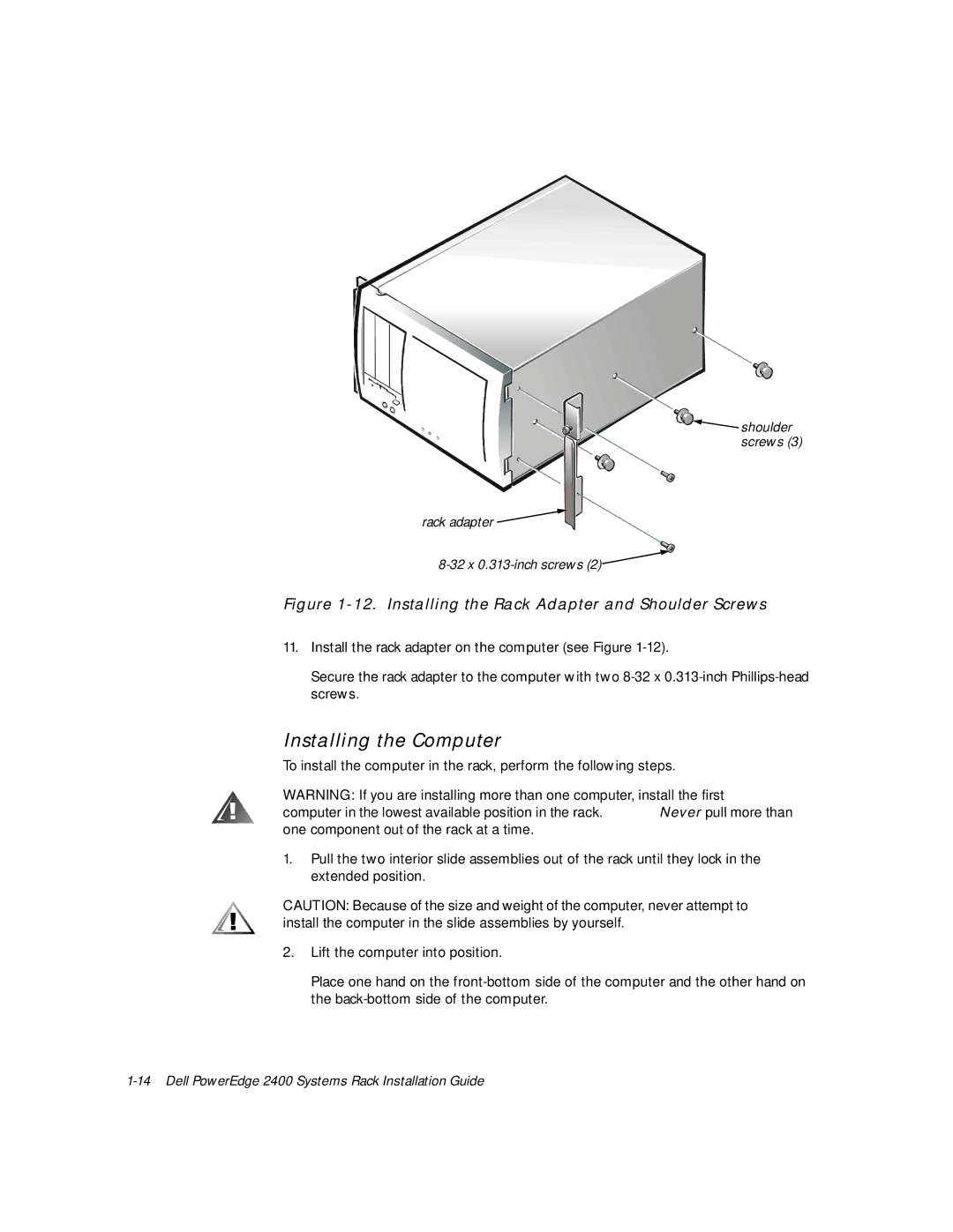 Dell 2400 manual Installing the Computer, Installing the Rack Adapter and Shoulder Screws 