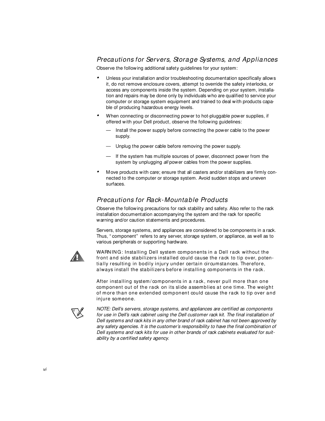 Dell 2400 manual Precautions for Servers, Storage Systems, and Appliances, Precautions for Rack-Mountable Products 