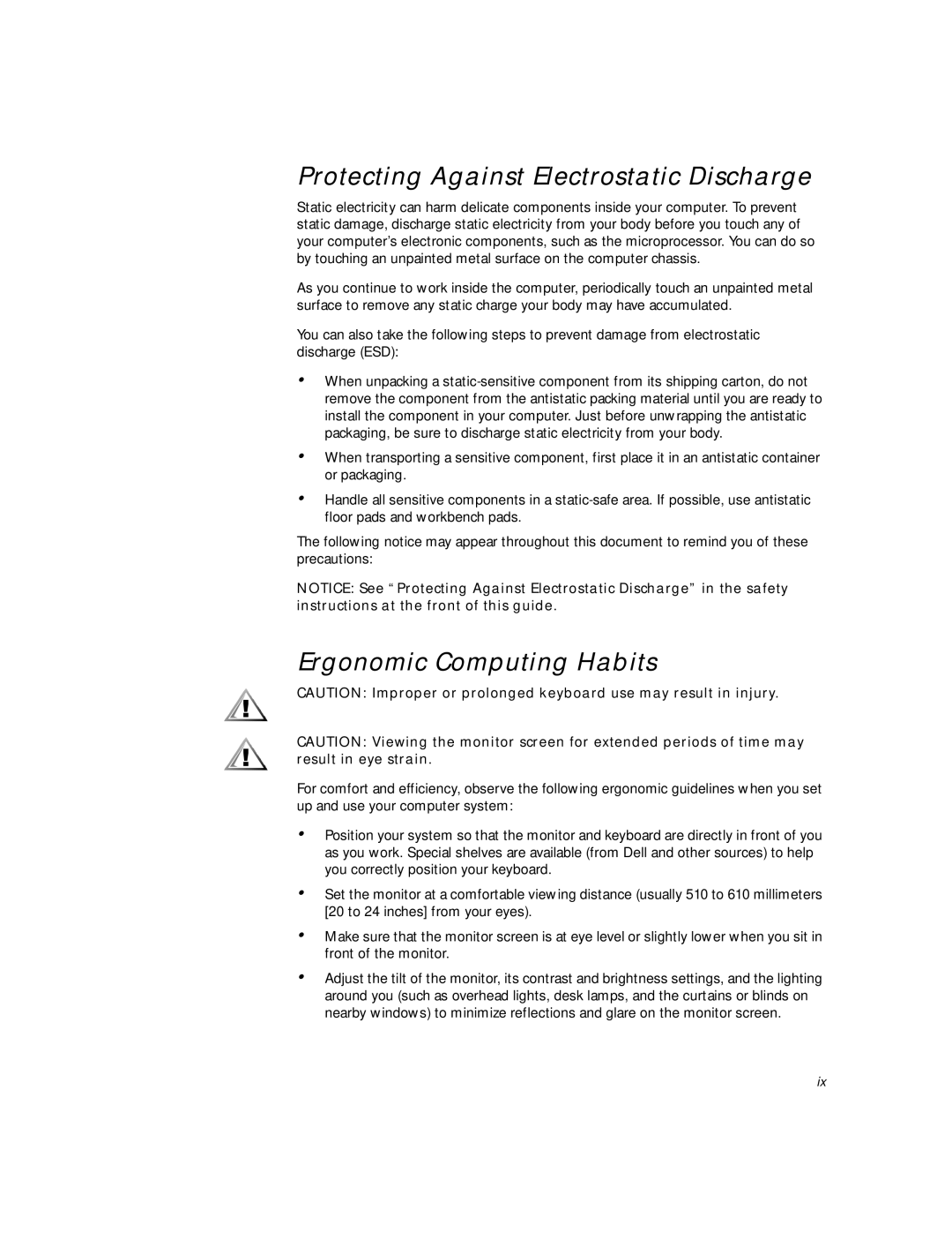 Dell 2400 manual Protecting Against Electrostatic Discharge, Ergonomic Computing Habits 