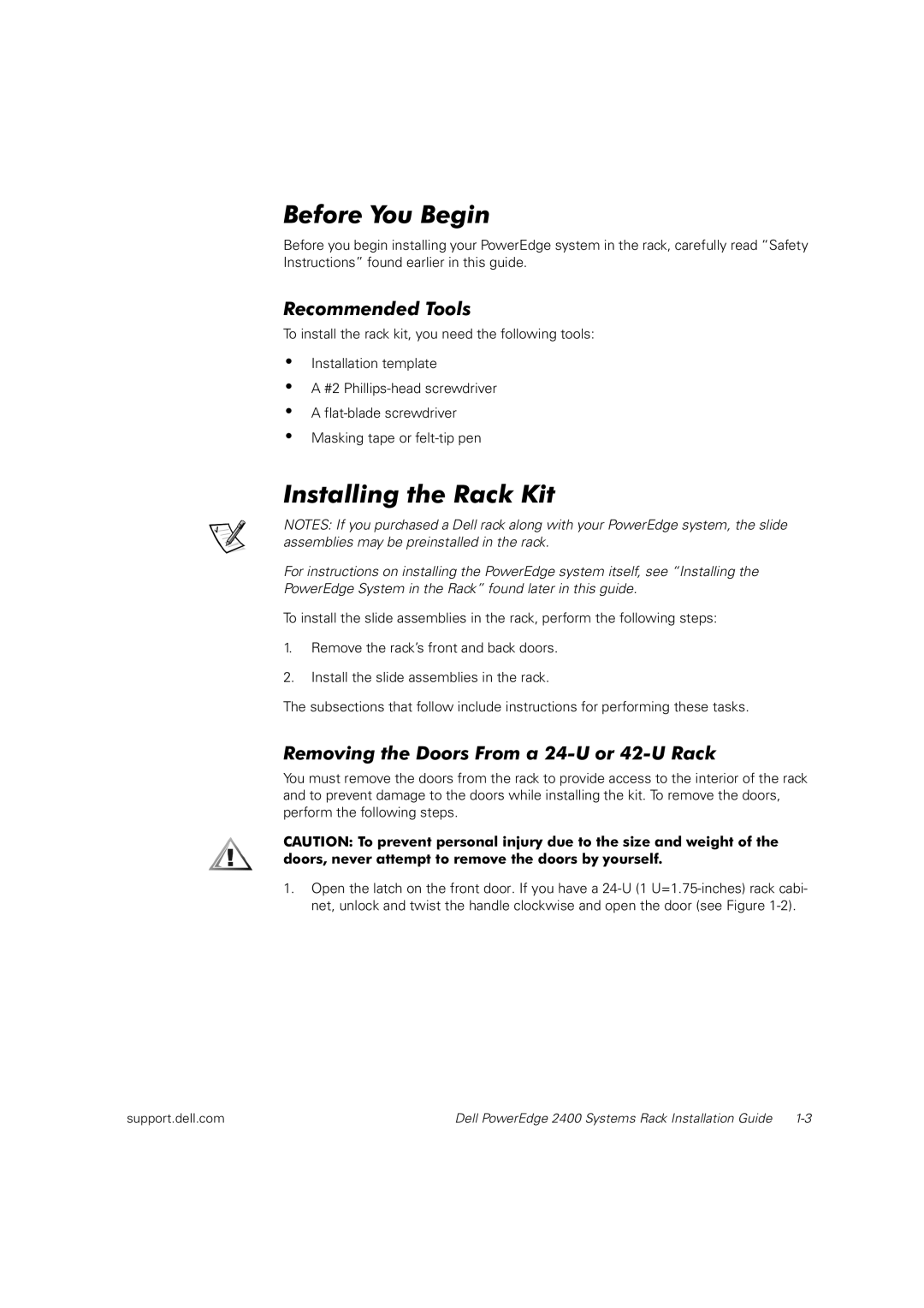 Dell 2400 manual Recommended Tools, Removing the Doors From a 24-U or 42-U Rack 