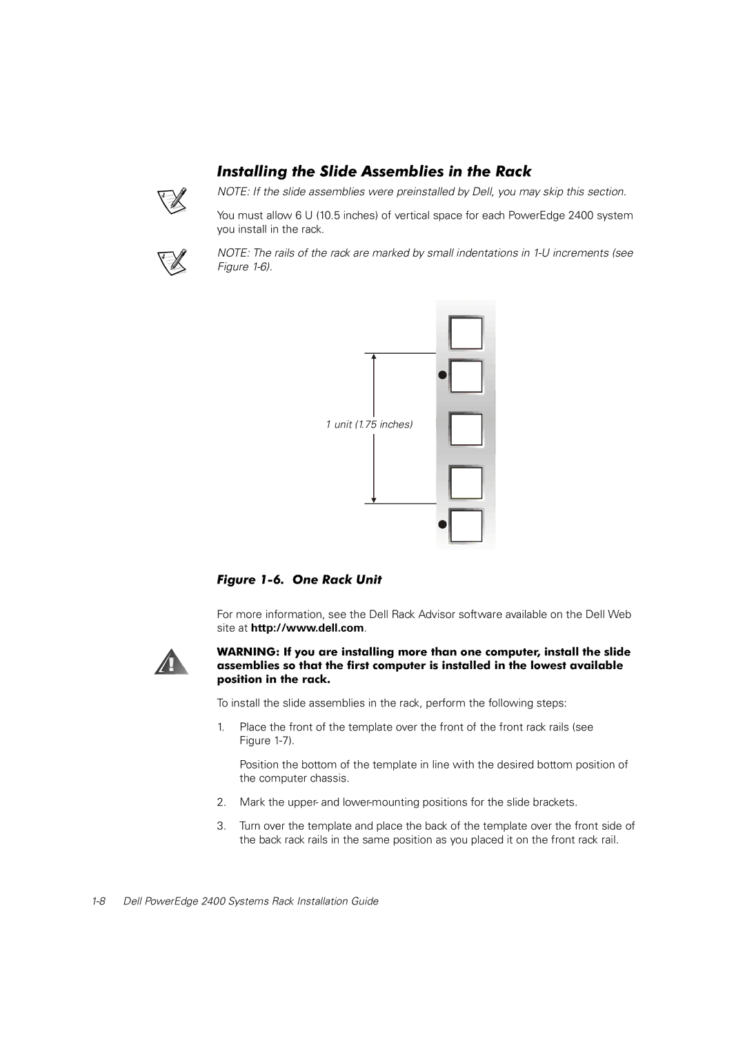 Dell 2400 manual Installing the Slide Assemblies in the Rack, One Rack Unit 