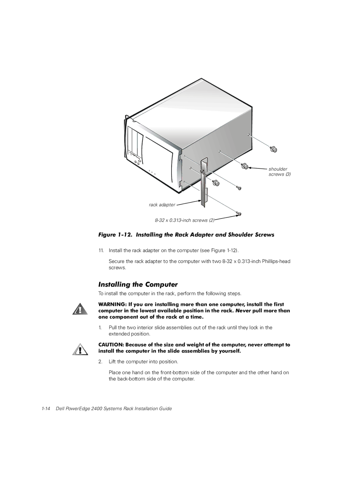 Dell 2400 manual Installing the Computer, Installing the Rack Adapter and Shoulder Screws 