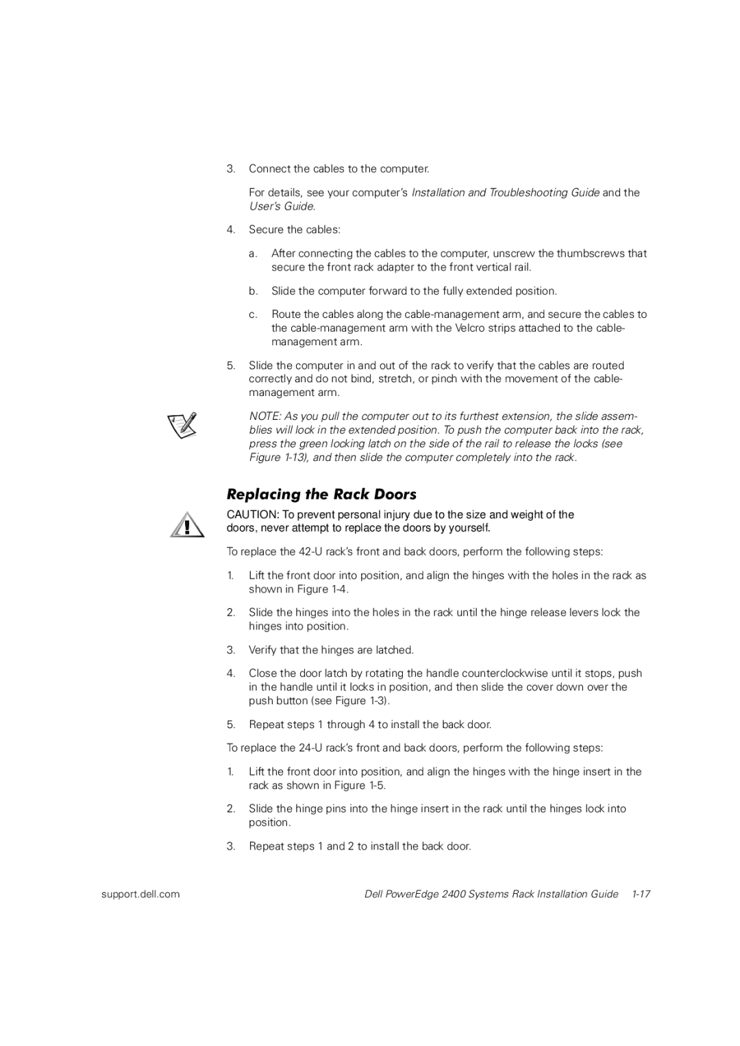Dell 2400 manual Replacing the Rack Doors 