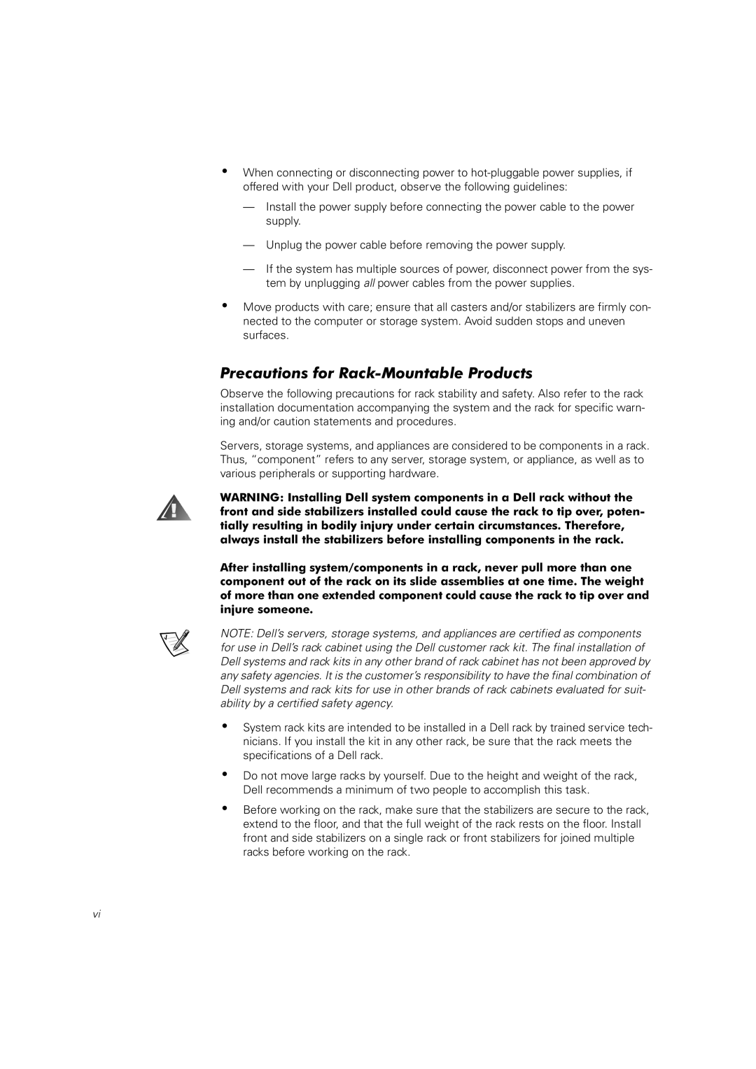 Dell 2400 manual Precautions for Rack-Mountable Products 