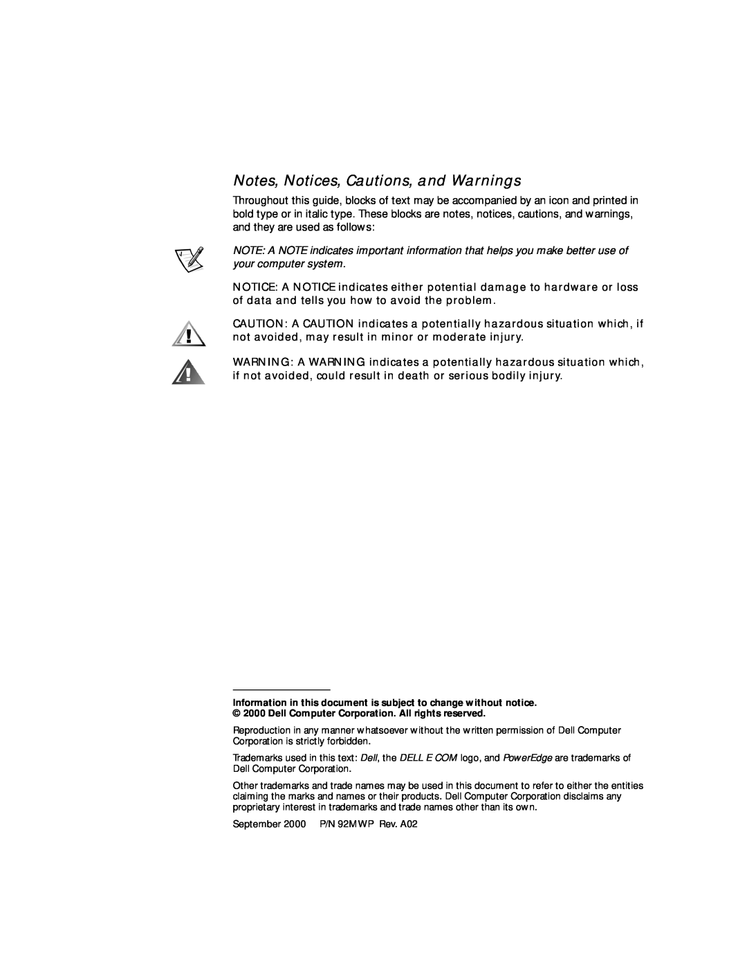 Dell 2400 manual Notes, Notices, Cautions, and Warnings 