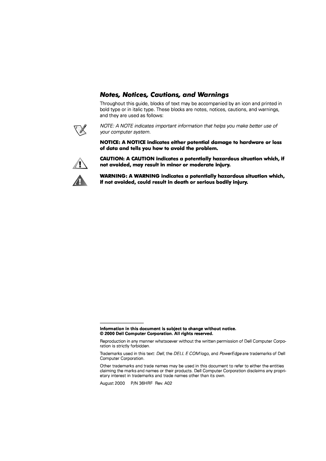 Dell 2400 manual Notes, Notices, Cautions, and Warnings 