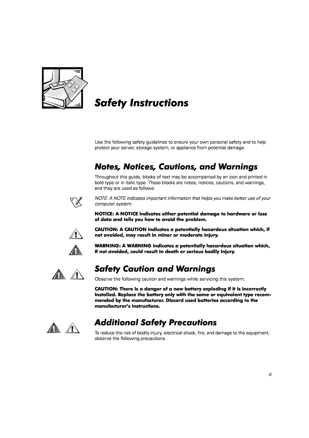 Dell 2400 manual Safety Instructions, Notes, Notices, Cautions, and Warnings, Safety Caution and Warnings 