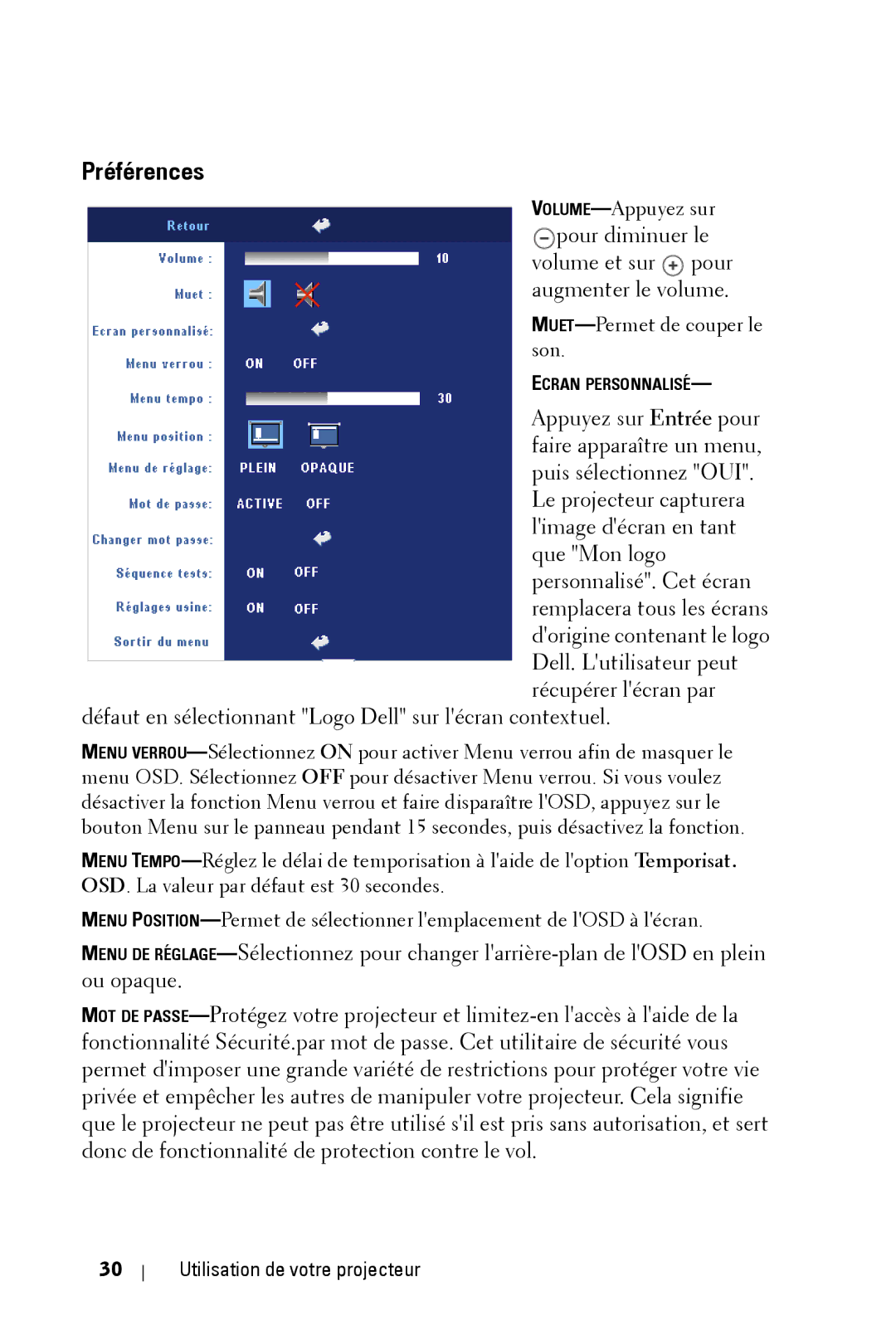 Dell 2400MP owner manual Préférences 