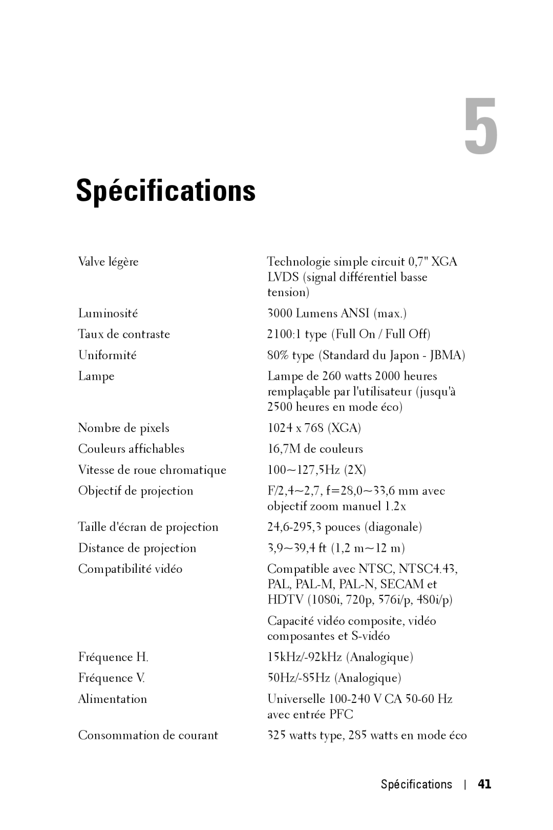 Dell 2400MP owner manual Spécifications 