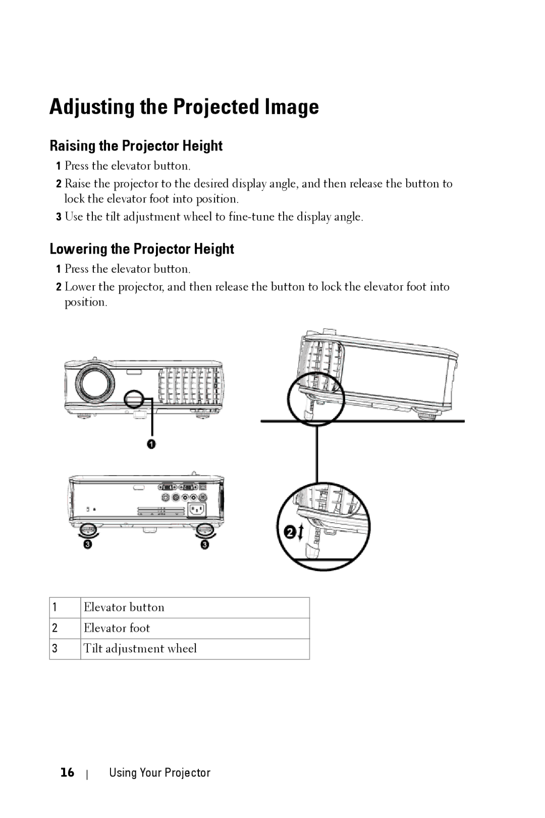 Dell 2400MP owner manual Adjusting the Projected Image, Raising the Projector Height, Lowering the Projector Height 