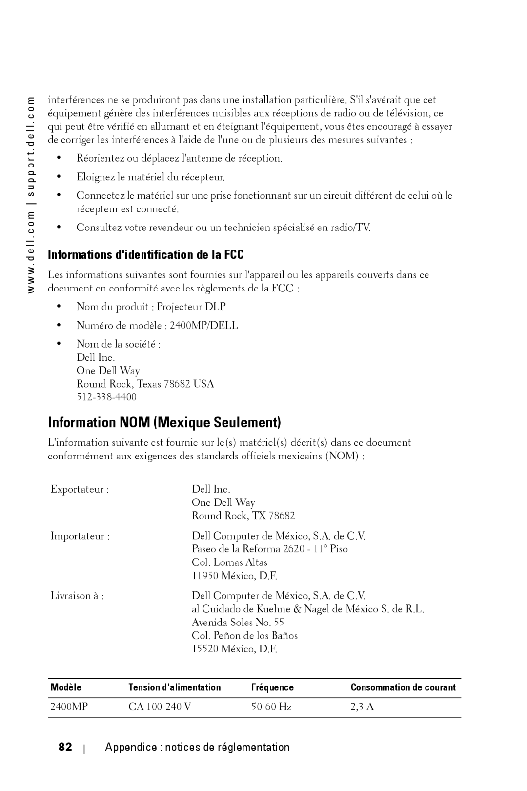 Dell 2400MP owner manual Information NOM Mexique Seulement, Informations didentification de la FCC 