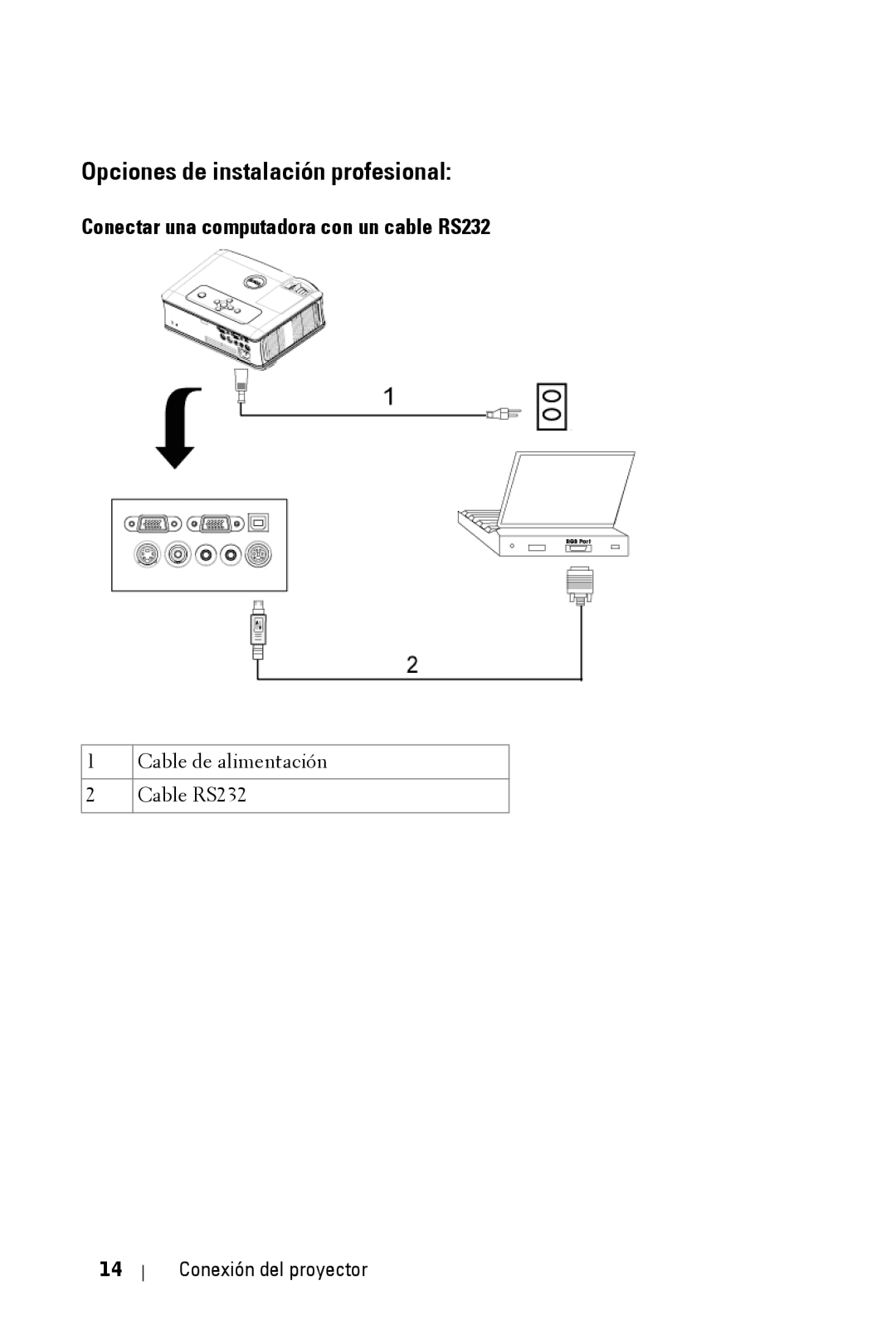 Dell 2400MP owner manual Opciones de instalación profesional, Conectar una computadora con un cable RS232 