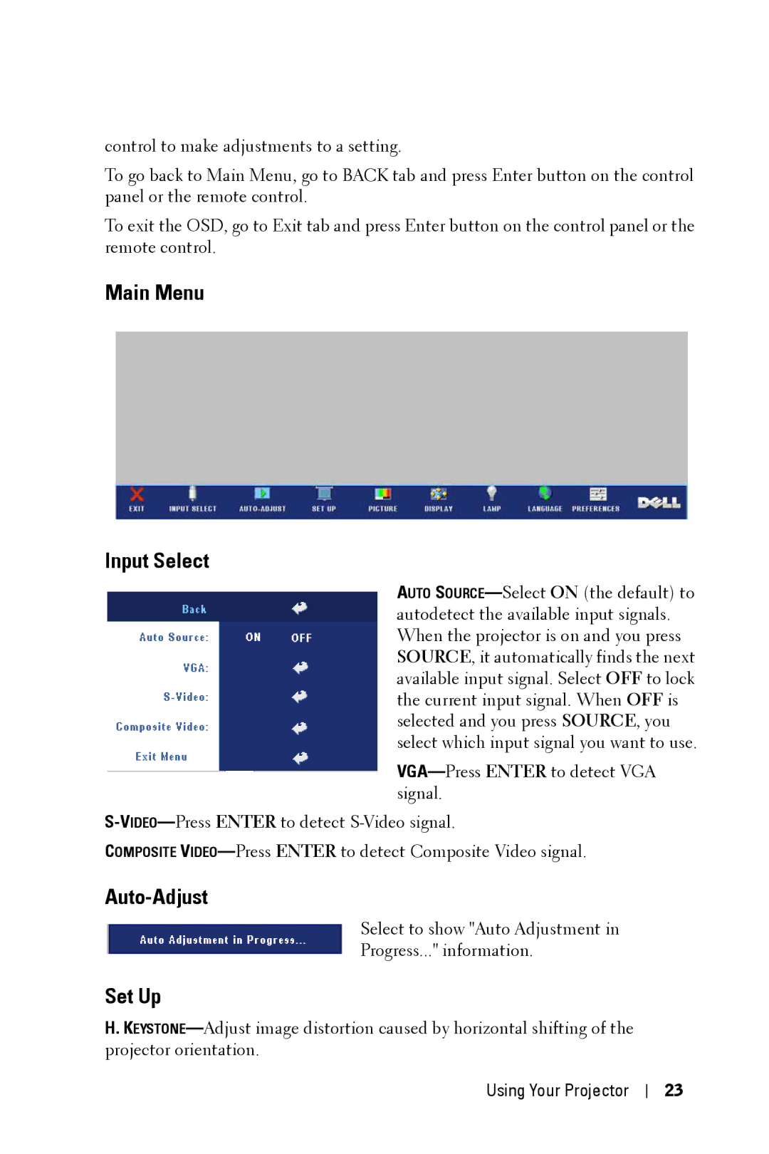 Dell 2400MP owner manual Main Menu Input Select, Auto-Adjust, Set Up 