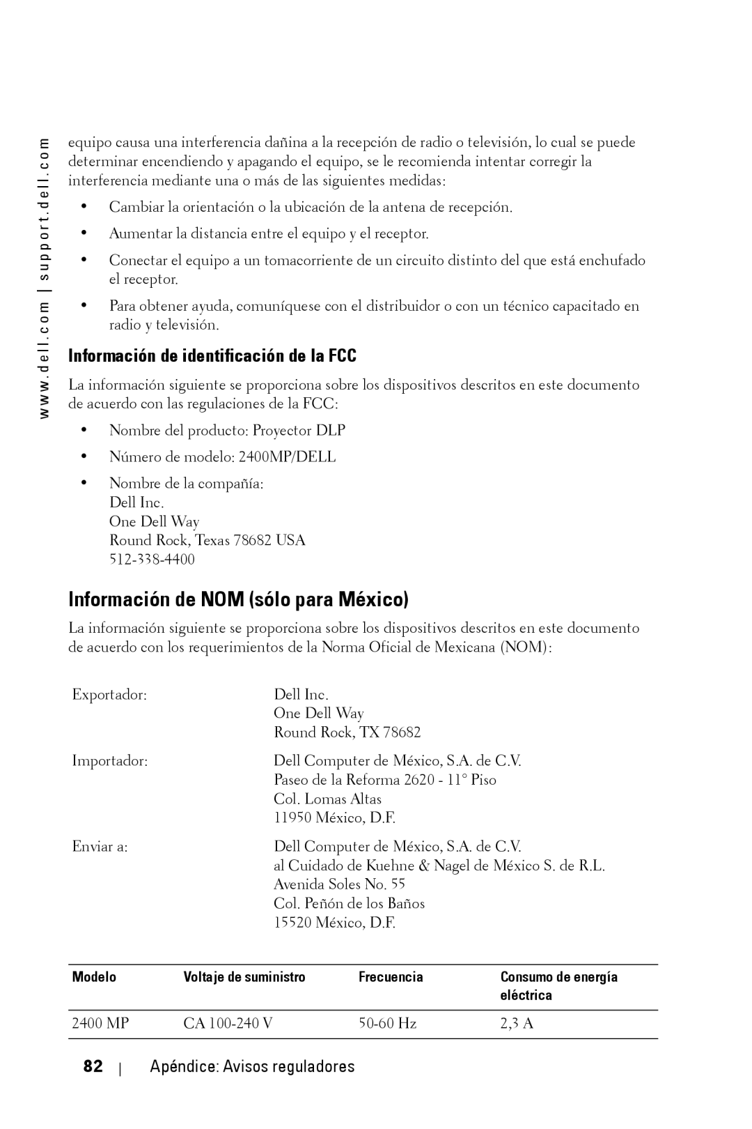 Dell 2400MP owner manual Información de NOM sólo para México, Información de identificación de la FCC 