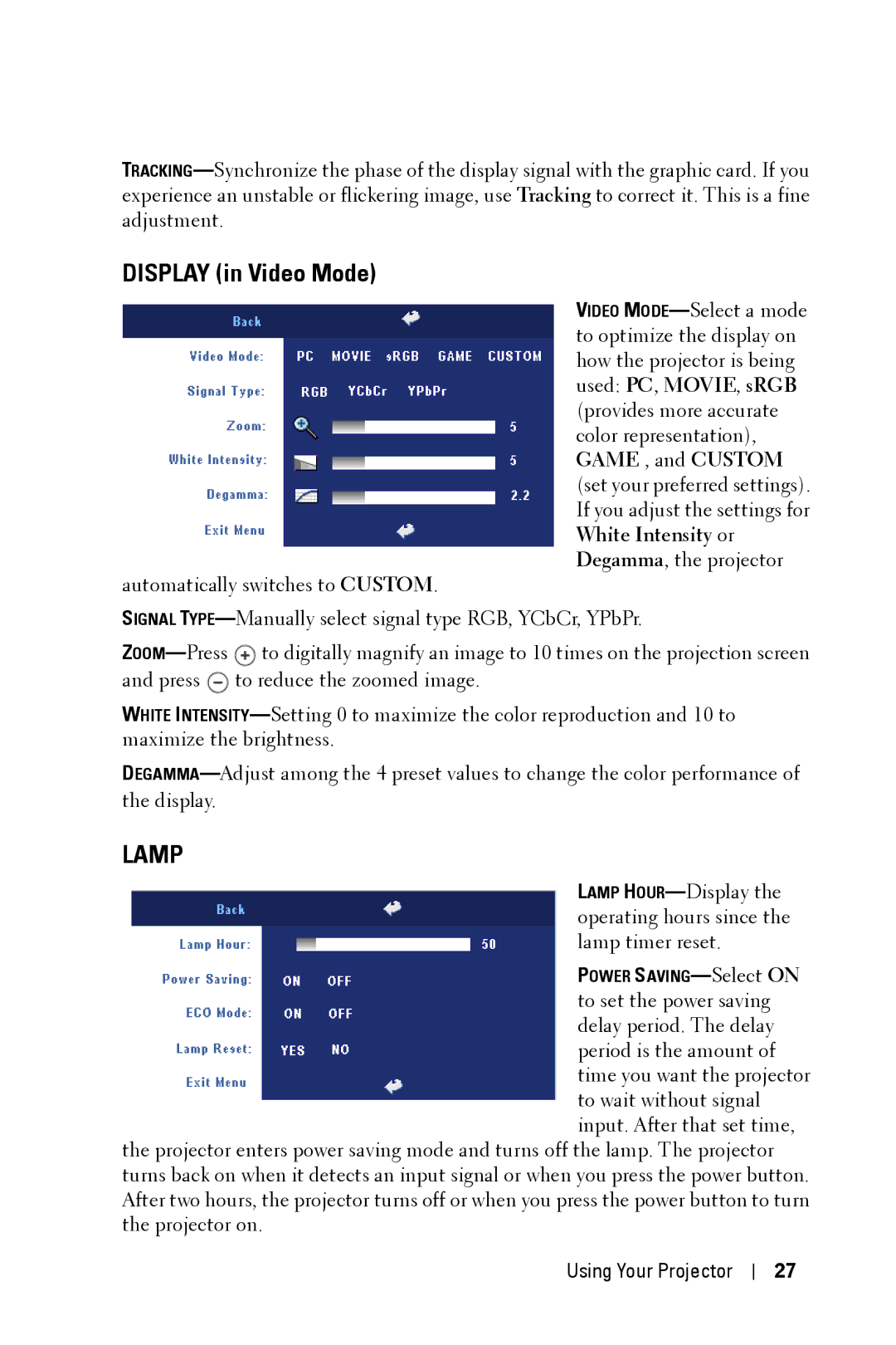 Dell 2400MP owner manual Display in Video Mode, Lamp 