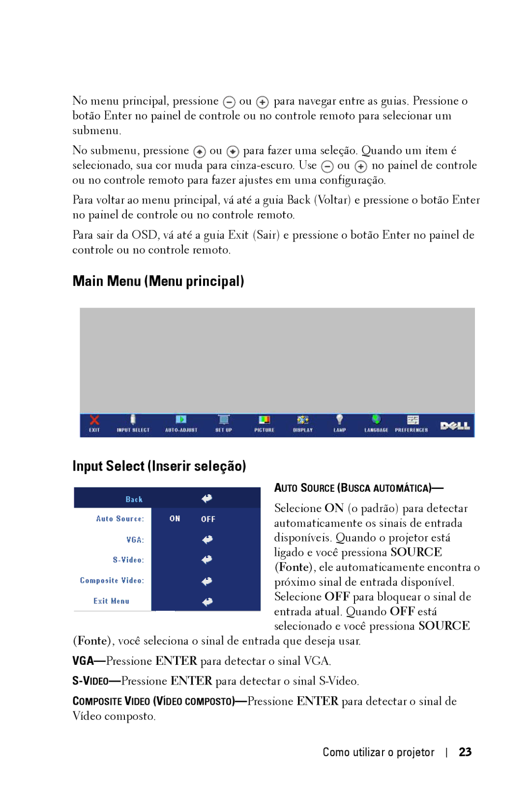 Dell 2400MP owner manual Main Menu Menu principal Input Select Inserir seleção 