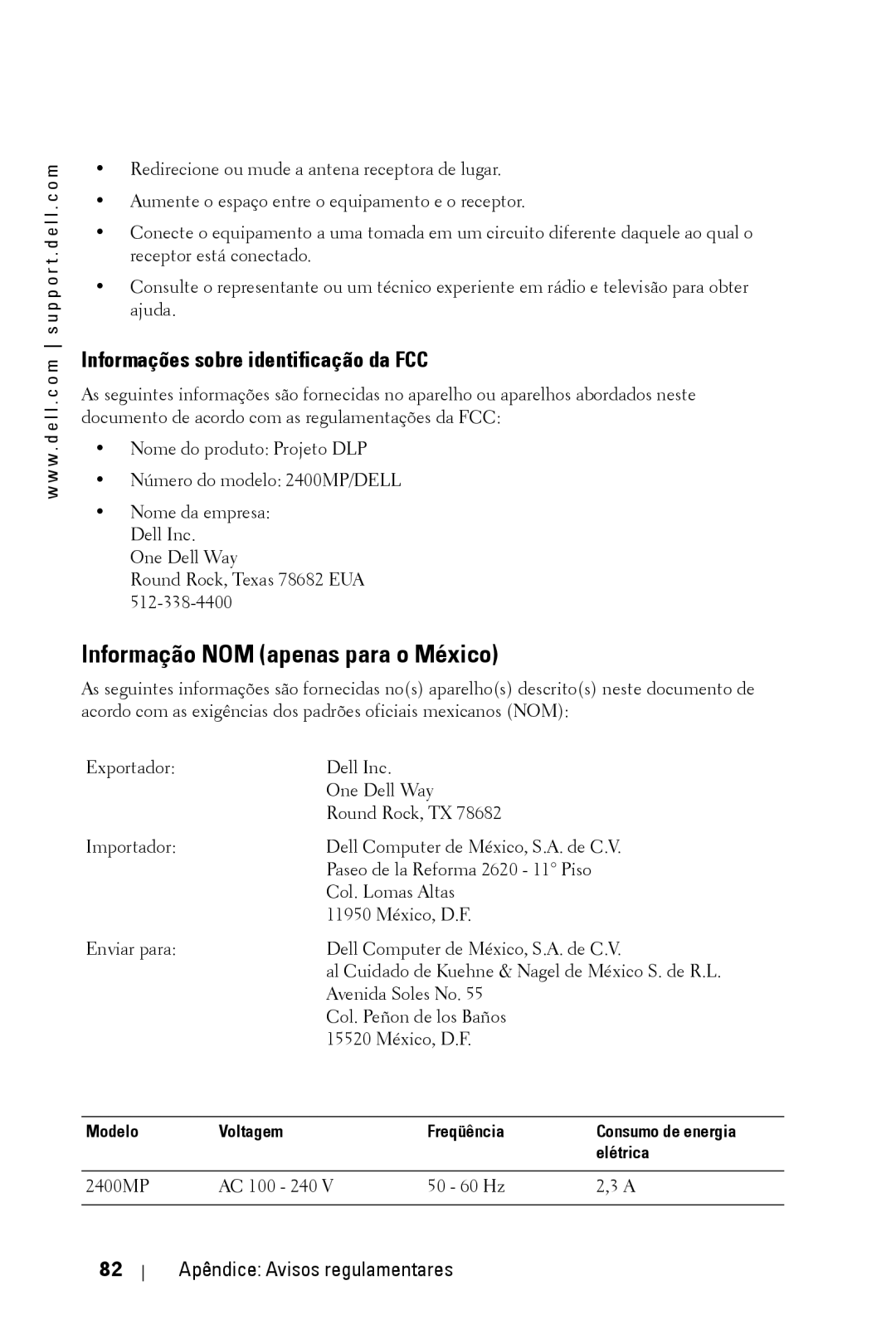 Dell 2400MP owner manual Informação NOM apenas para o México, Informações sobre identificação da FCC 