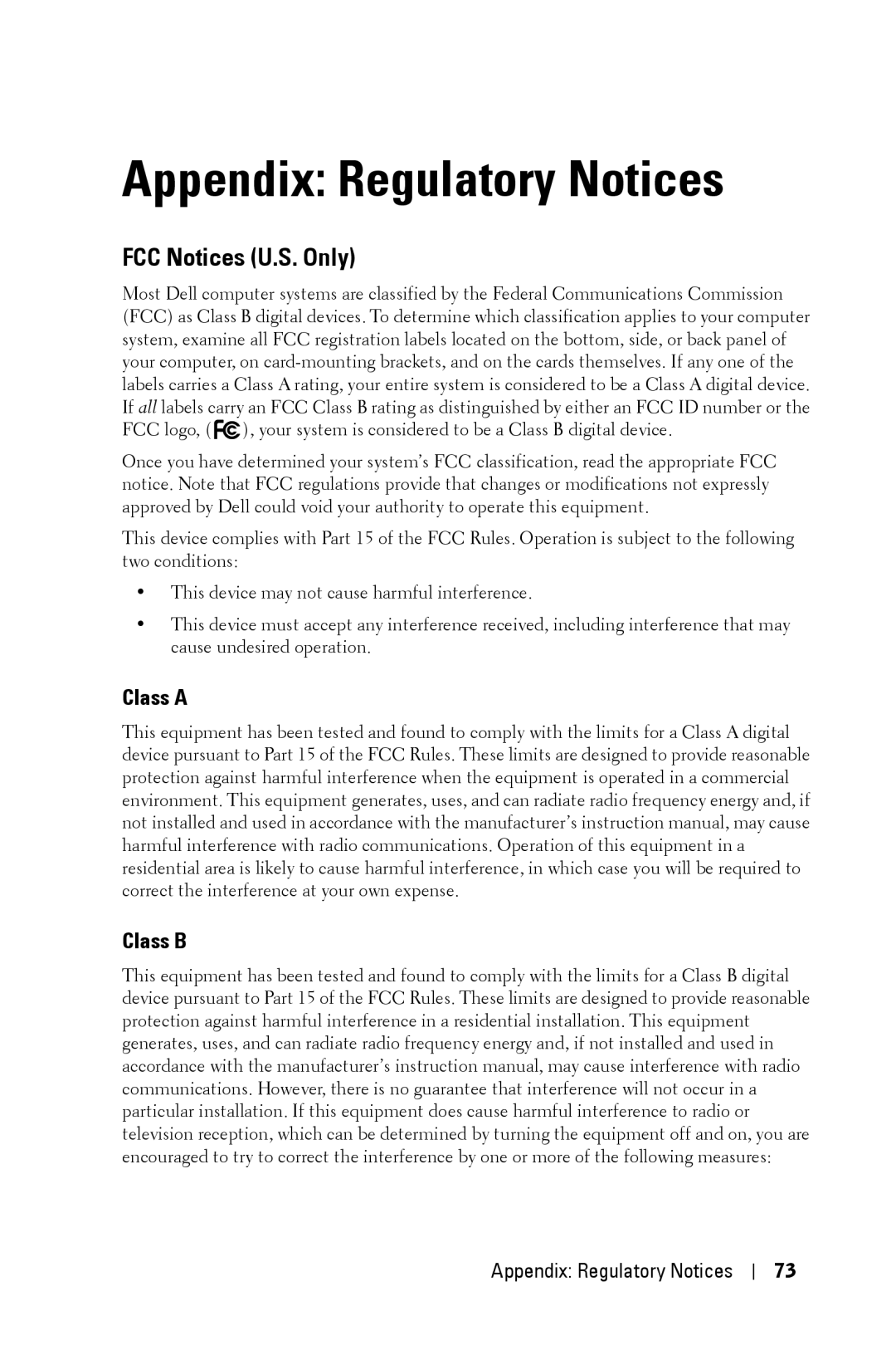 Dell 2400MP owner manual Appendix Regulatory Notices, FCC Notices U.S. Only, Class a Class B 