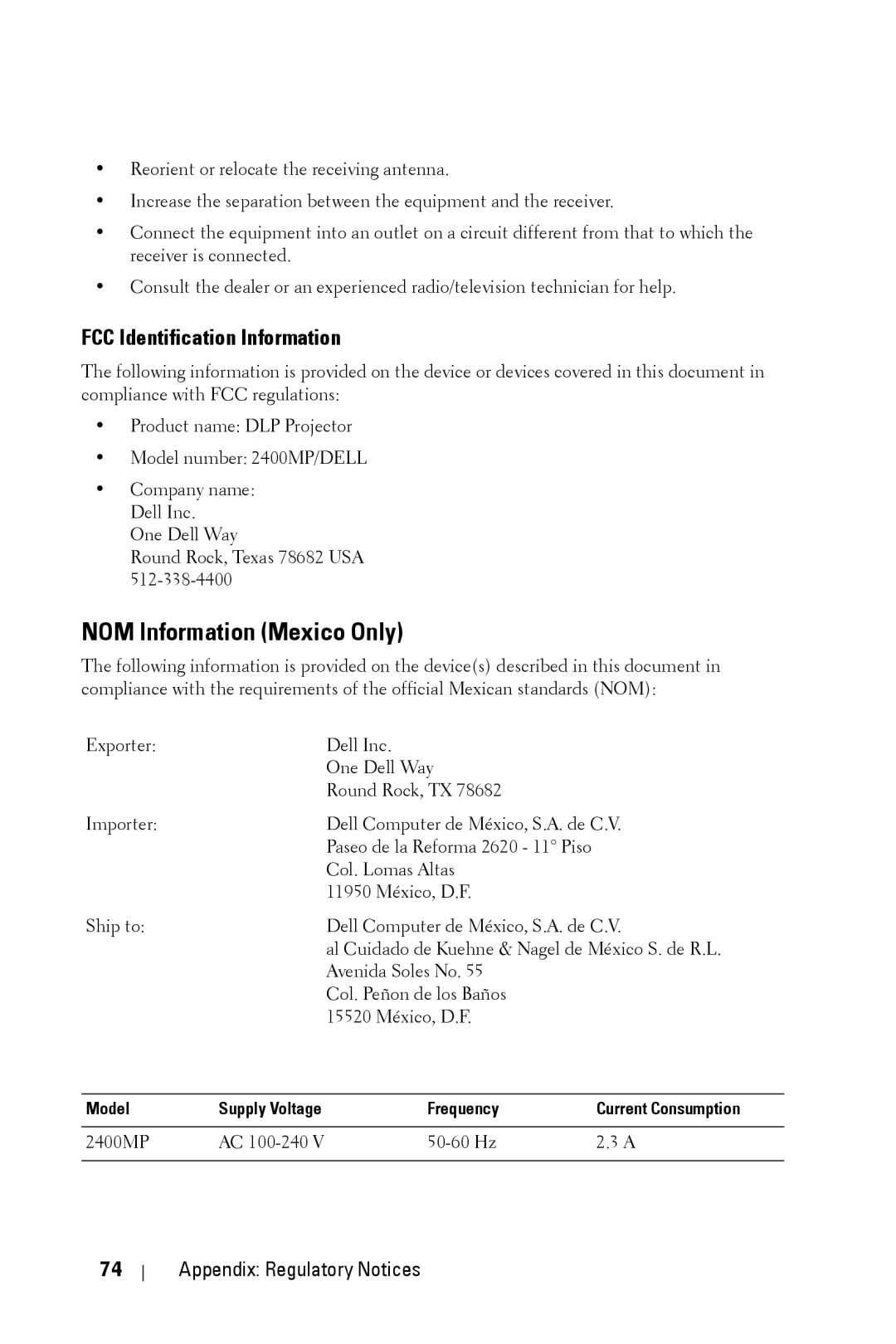 Dell 2400MP owner manual NOM Information Mexico Only, FCC Identification Information 