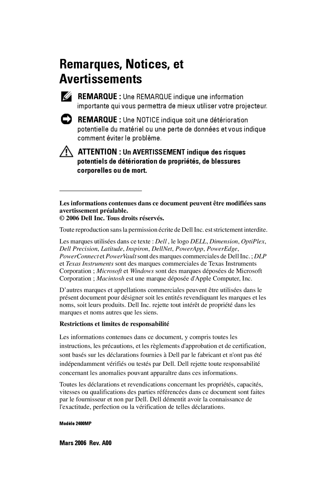 Dell 2400MP owner manual Remarques, Notices, et Avertissements, Restrictions et limites de responsabilité 