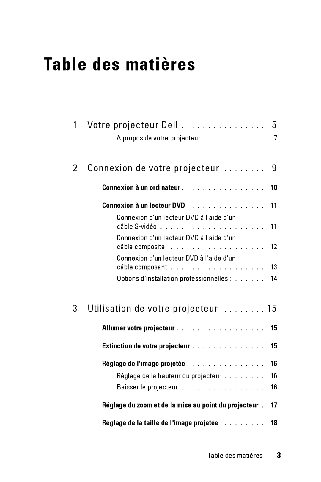 Dell 2400MP owner manual Table des matières, Connexion de votre projecteur 