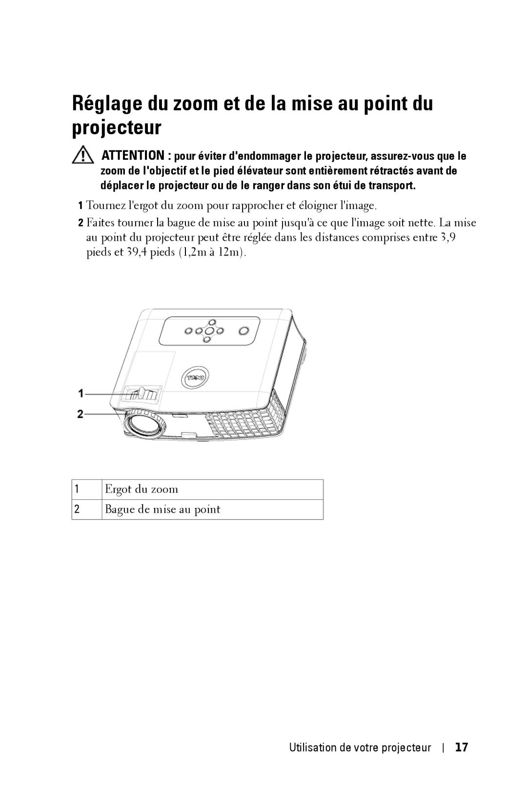 Dell 2400MP owner manual Réglage du zoom et de la mise au point du projecteur 