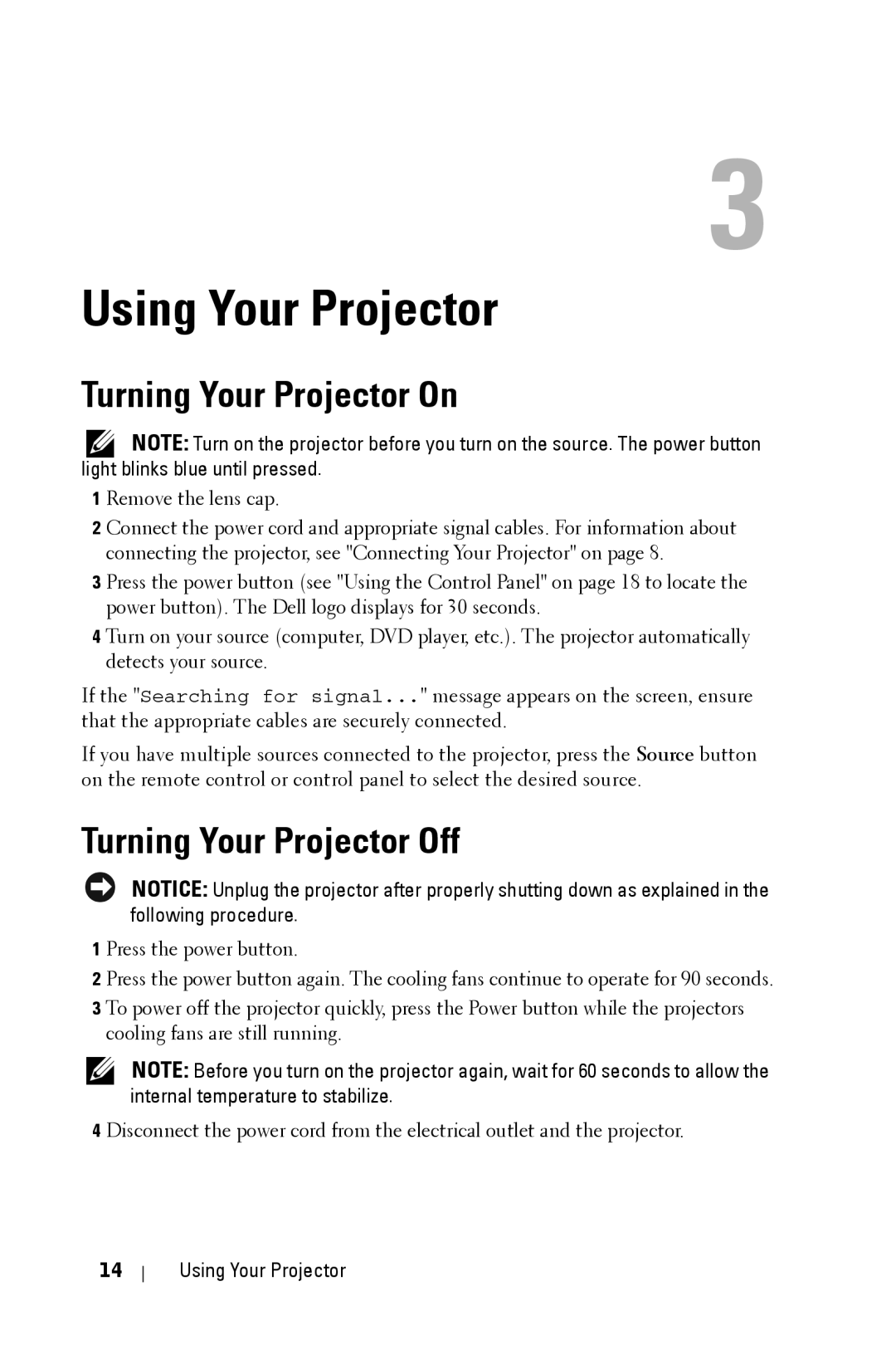 Dell 2400MP manual Using Your Projector, Turning Your Projector On, Turning Your Projector Off 