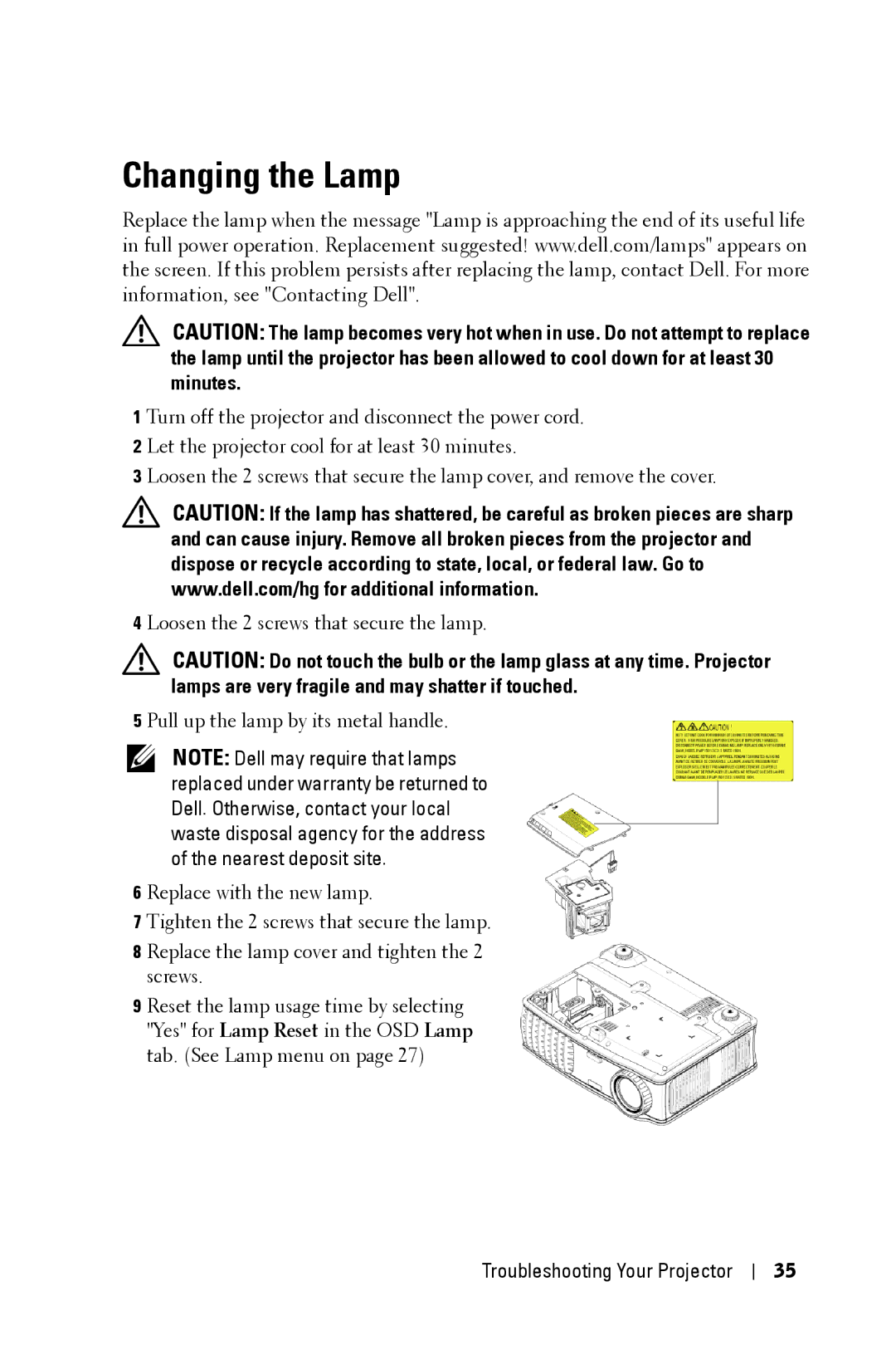 Dell 2400MP manual Changing the Lamp 