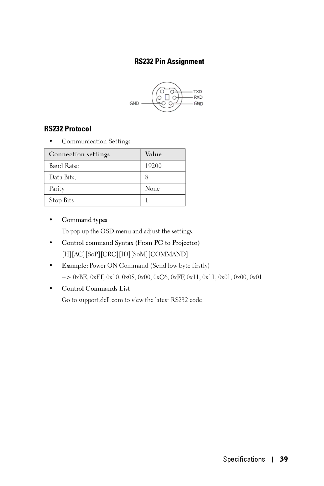 Dell 2400MP manual RS232 Pin Assignment RS232 Protocol 