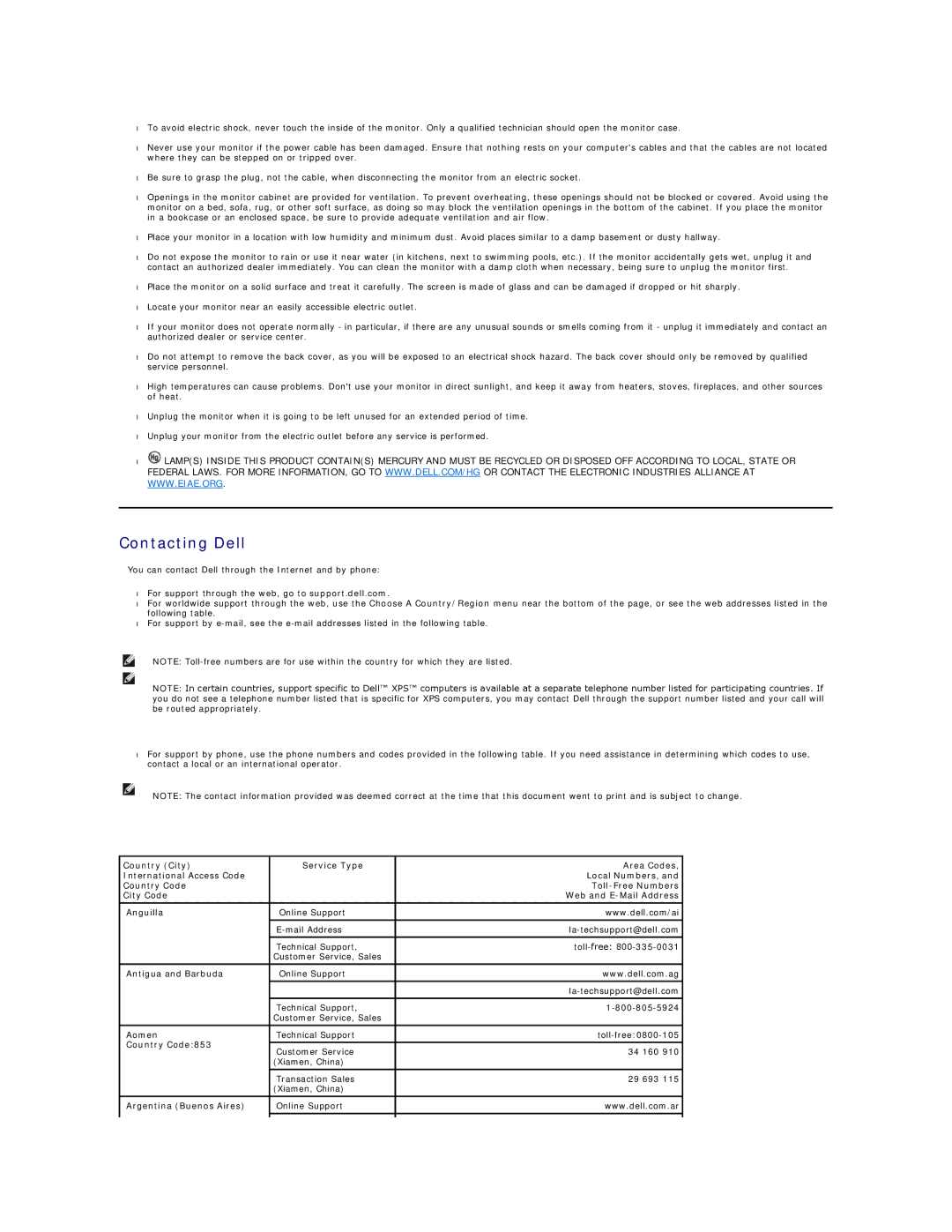 Dell 2407WFP-H C, 2407WFP-HC appendix Contacting Dell, Antigua and Barbuda, Aomen, Country Code853, Argentina Buenos Aires 