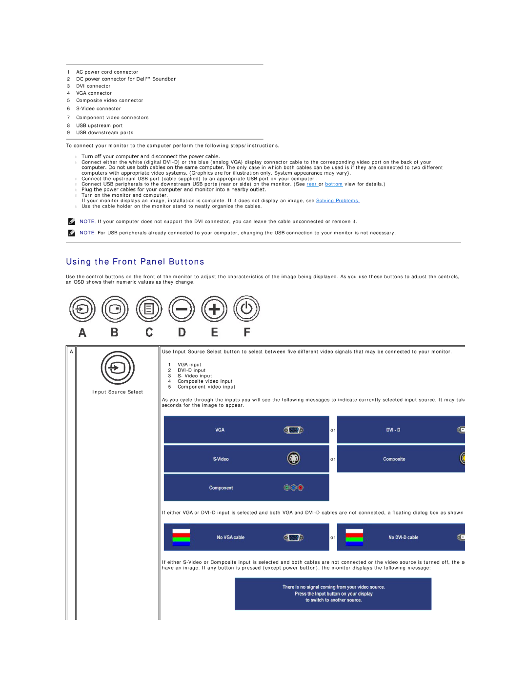 Dell 2407WFP-H C, 2407WFP-HC appendix Using the Front Panel Buttons, Input Source Select 