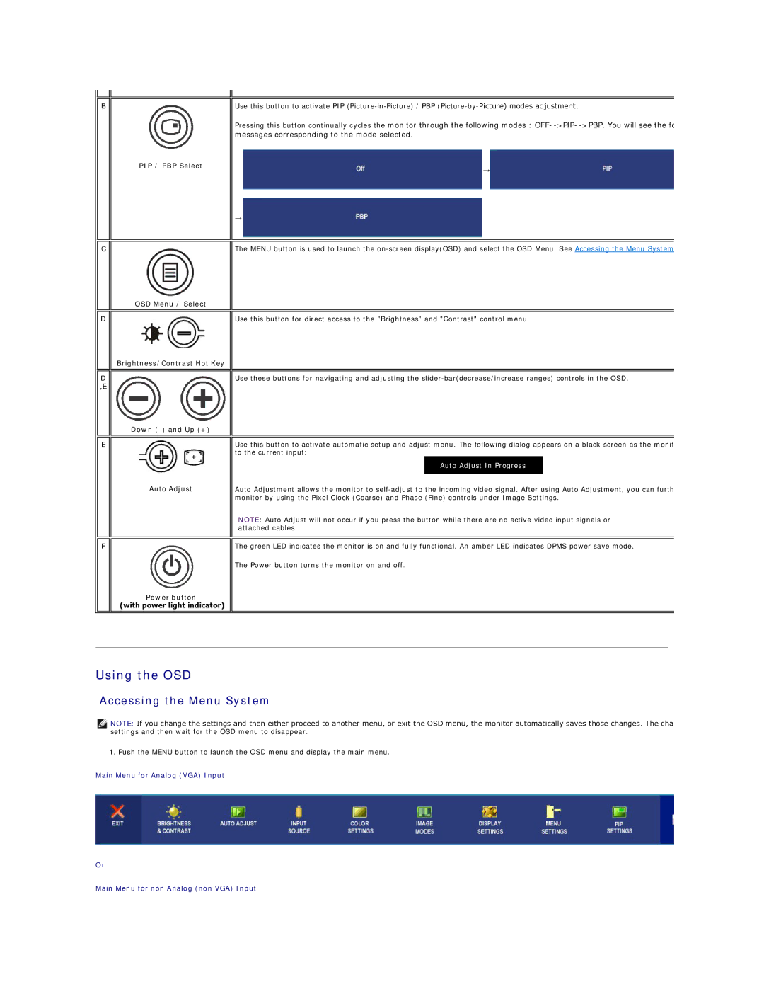 Dell 2407WFP-HC, 2407WFP-H C appendix Using the OSD, Accessing the Menu System, PIP / PBP Select 